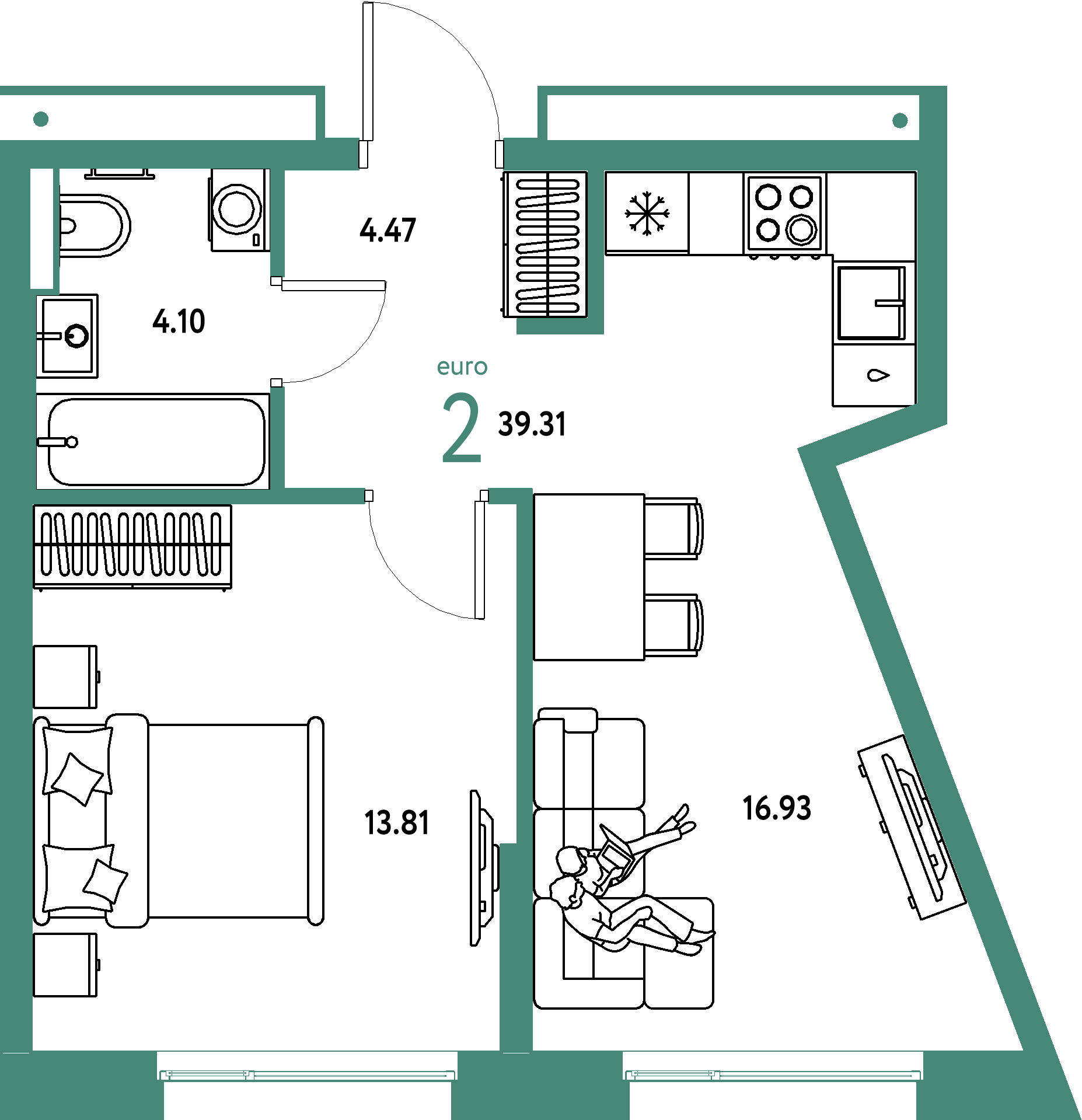 Купить 2-комнатную квартиру 39.31м², этаж №2 кв №1 в ЖК 