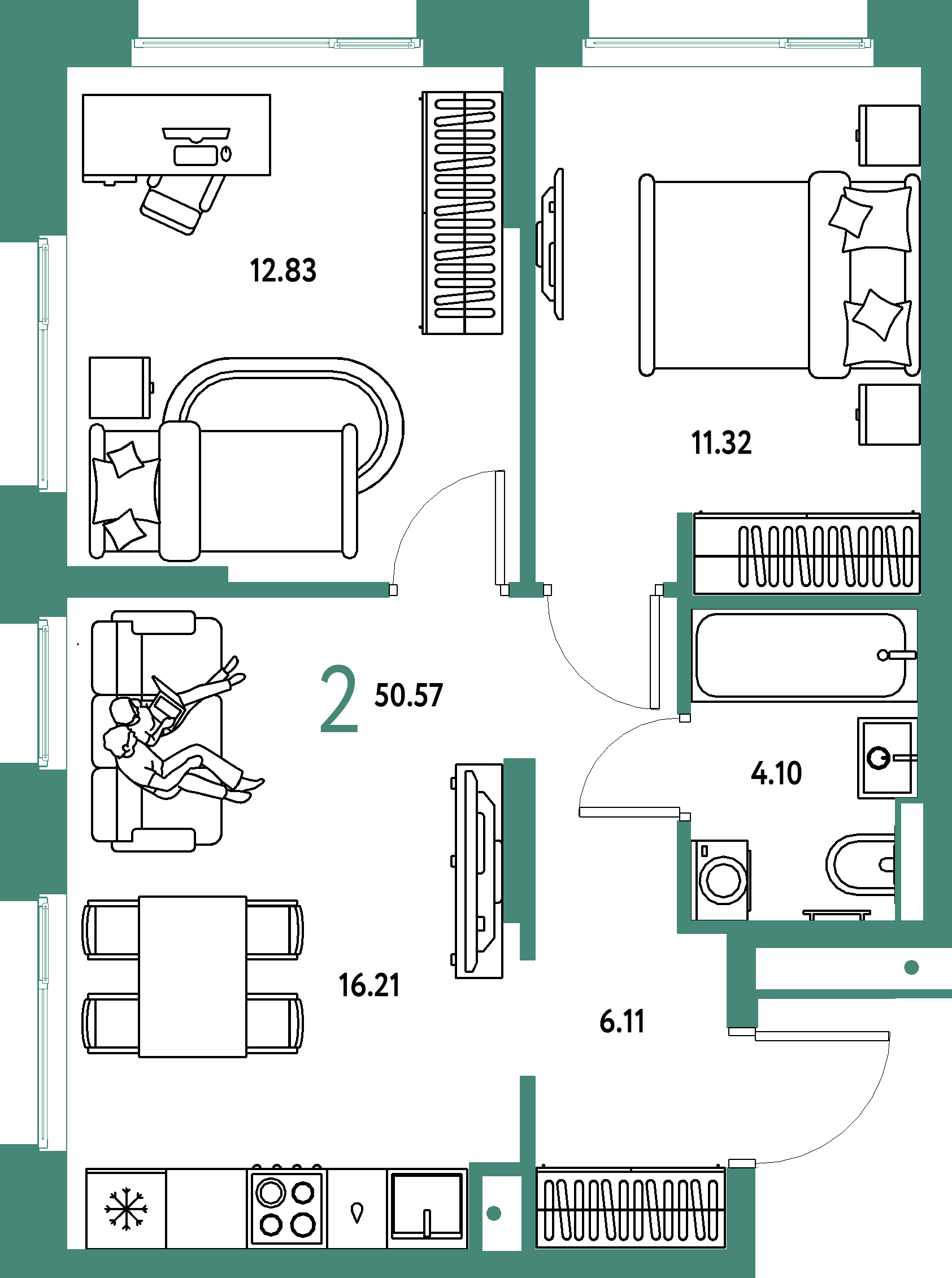 ЖК "Авторский"-2-комнатная 50.57 м²