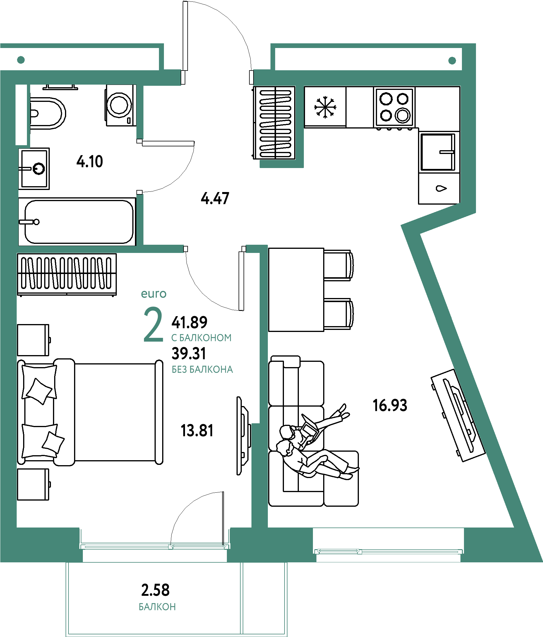 ЖК "Авторский"-2-комнатная 41.89 м²