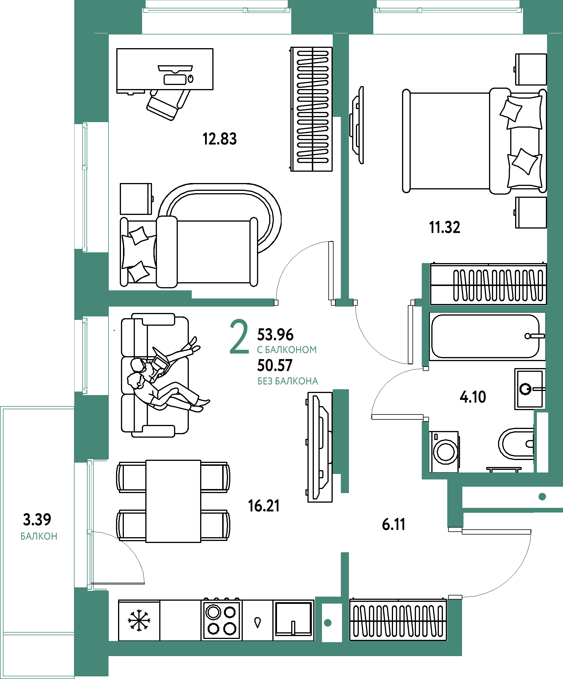 Купить 2-комнатную квартиру 53.96м², этаж №4 кв №24 в ЖК 