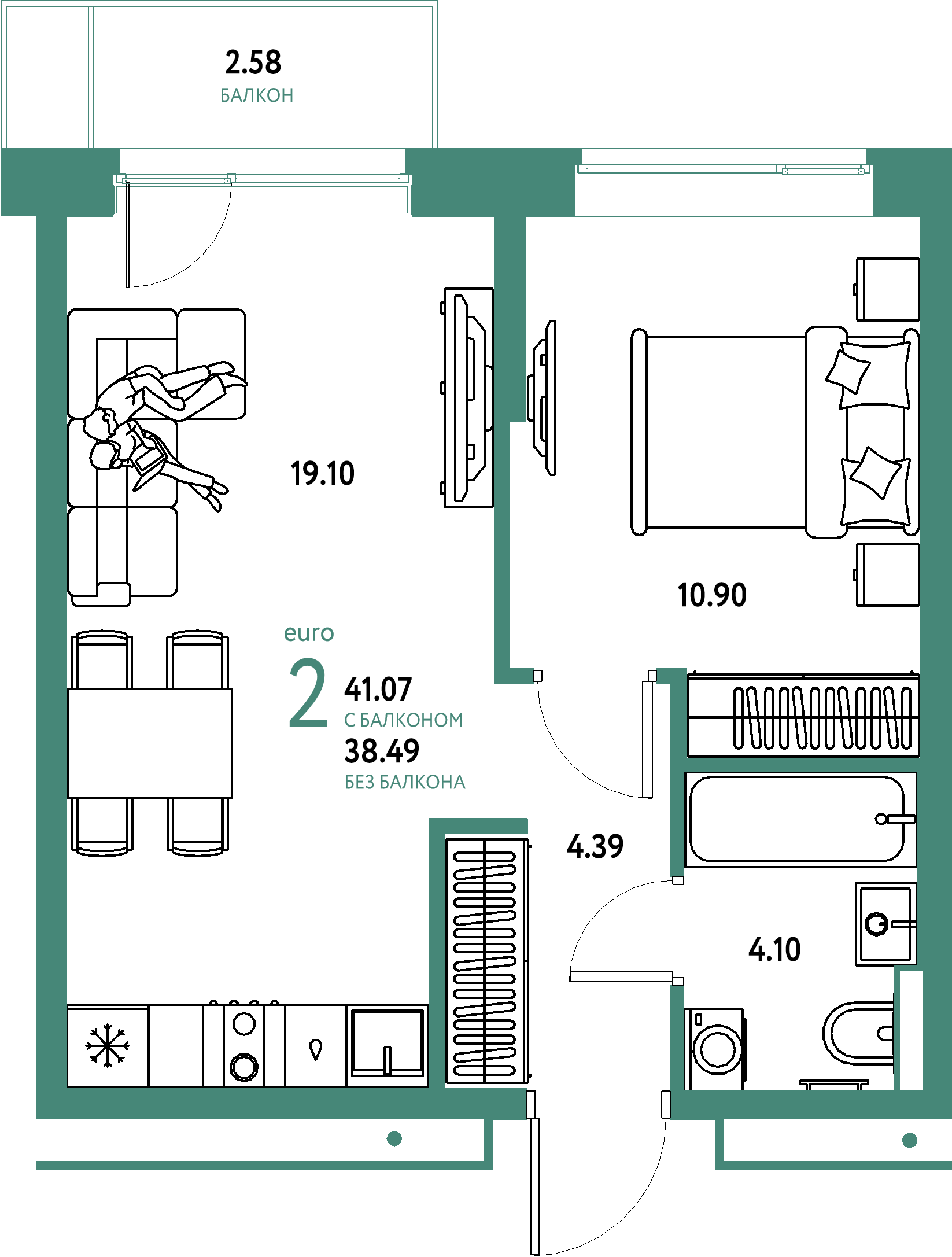 ЖК "Авторский"-2-комнатная 41.07 м²