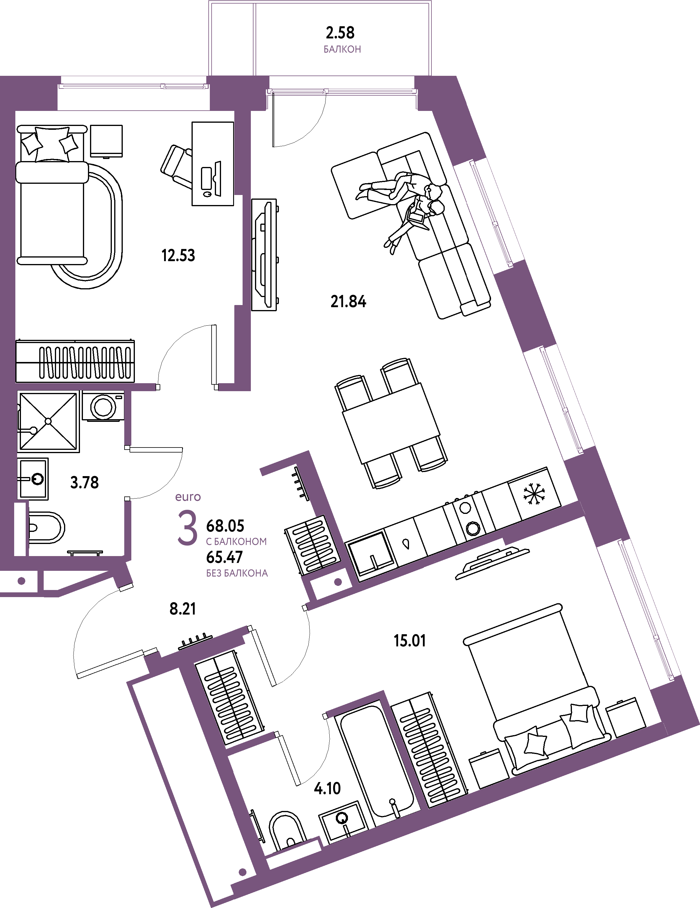 Купить 3-комнатную квартиру 68.05м², этаж №4 кв №28 в ЖК 