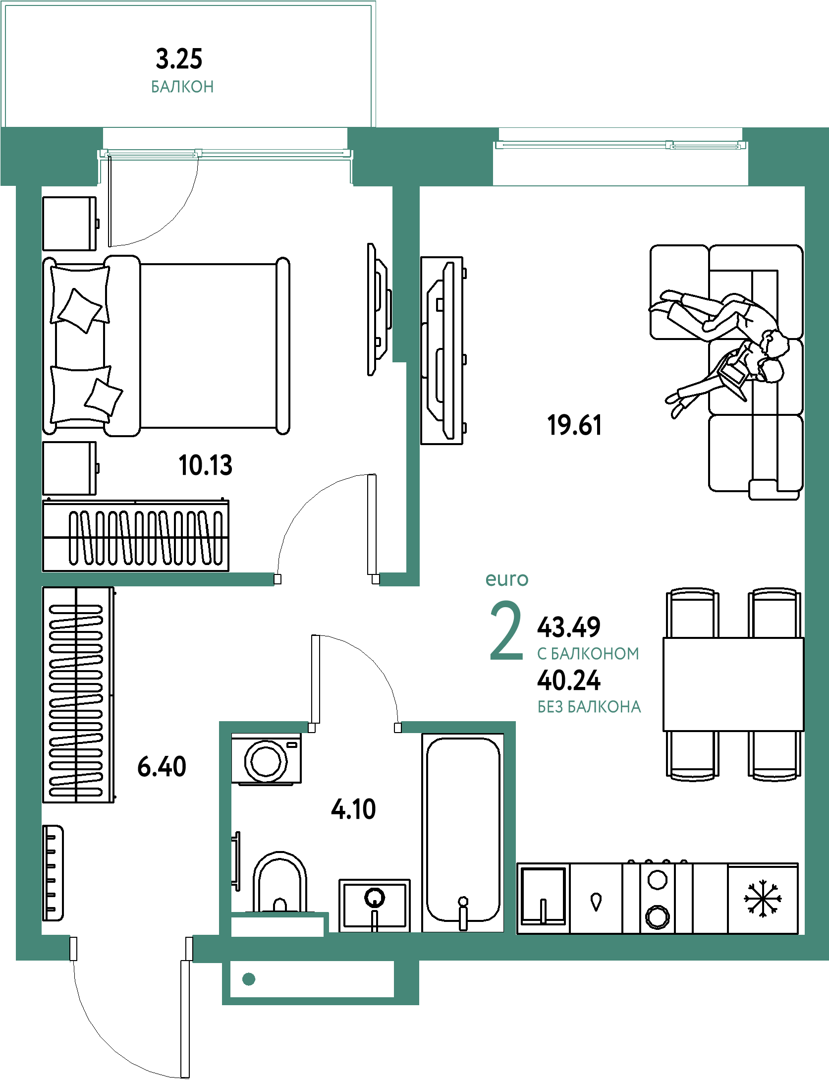ЖК "Авторский"-2-комнатная 43.49 м²
