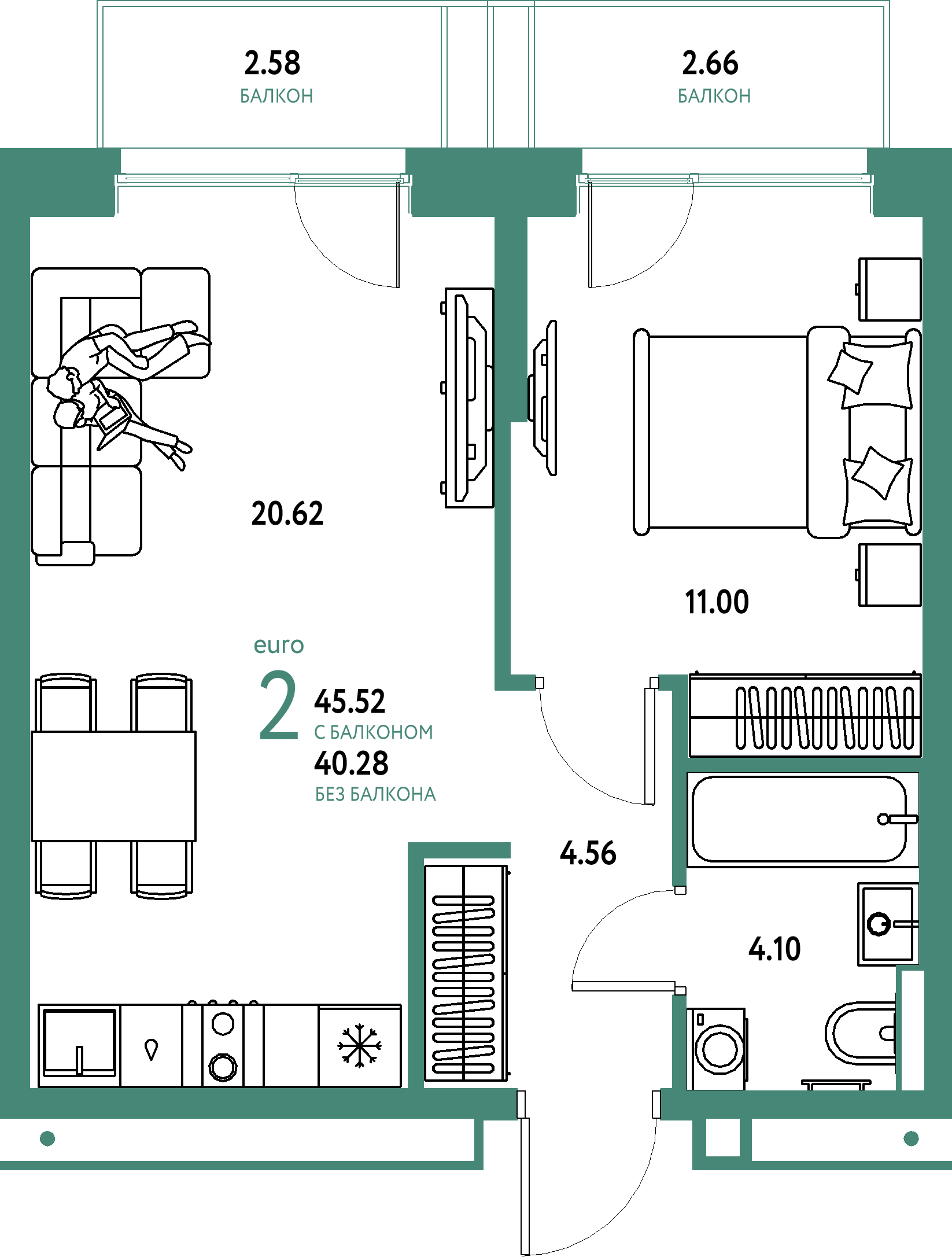 ЖК "Авторский"-2-комнатная 45.52 м²