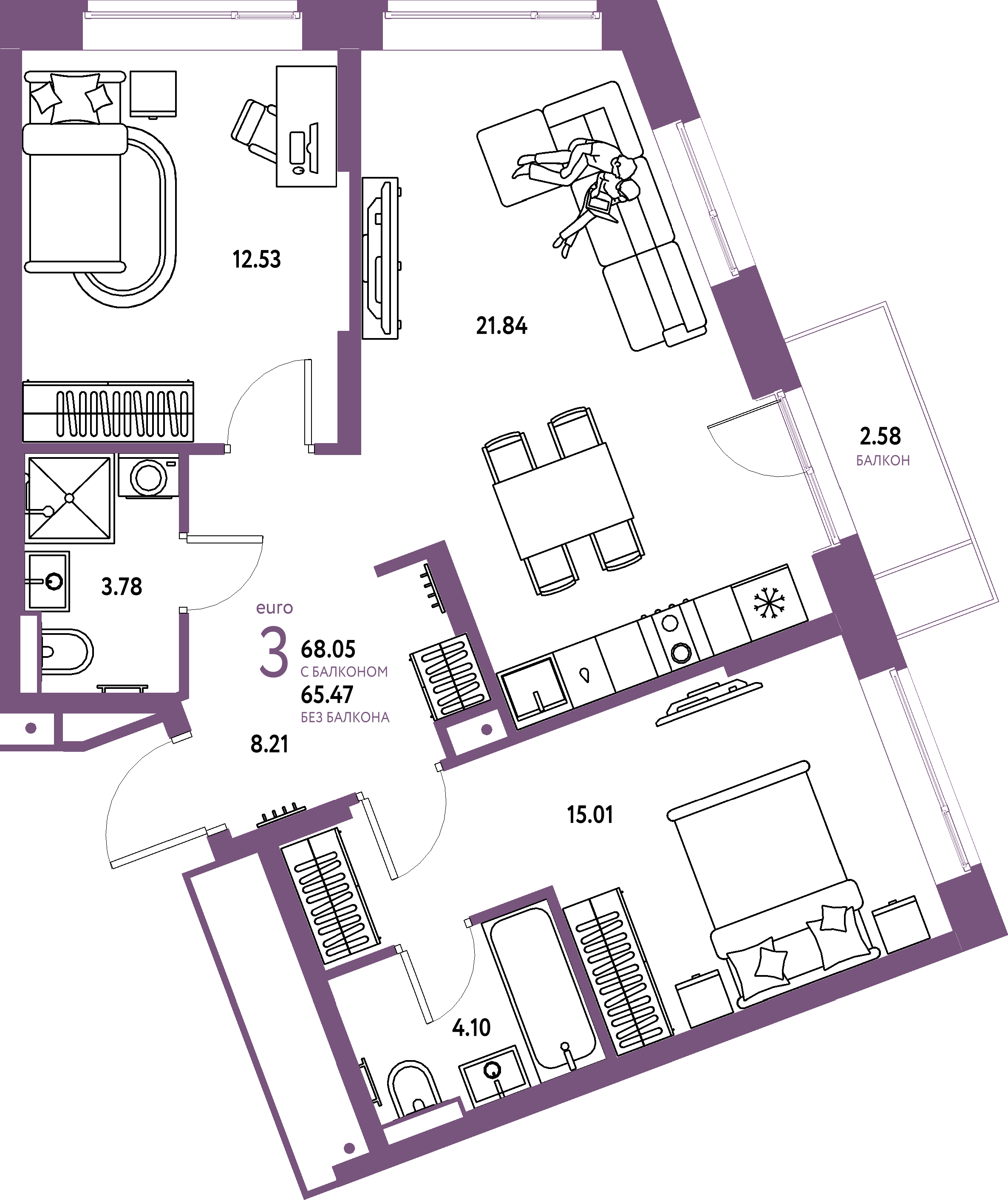 Купить 3-комнатную квартиру 68.05м², этаж №5 кв №38 в ЖК 