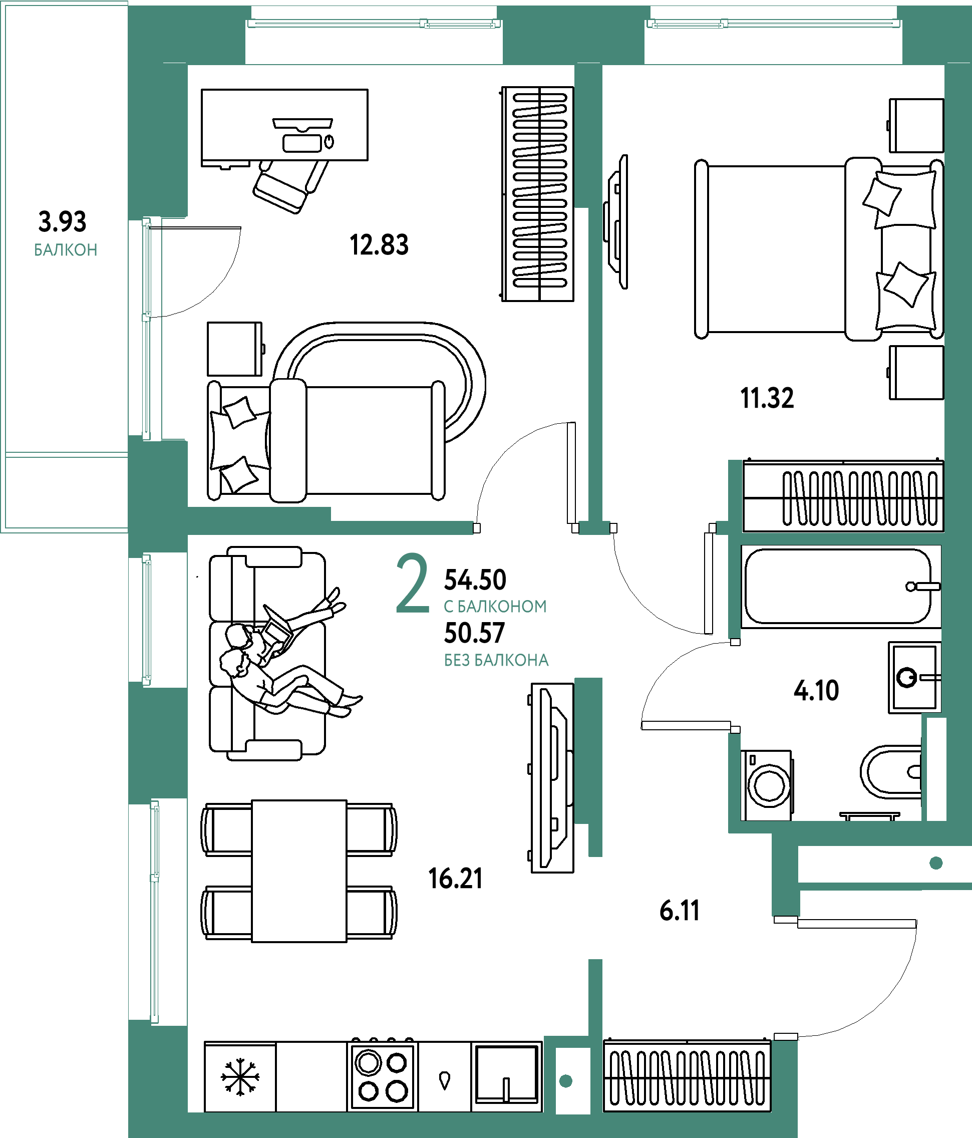 ЖК "Авторский"-2-комнатная 54.5 м²