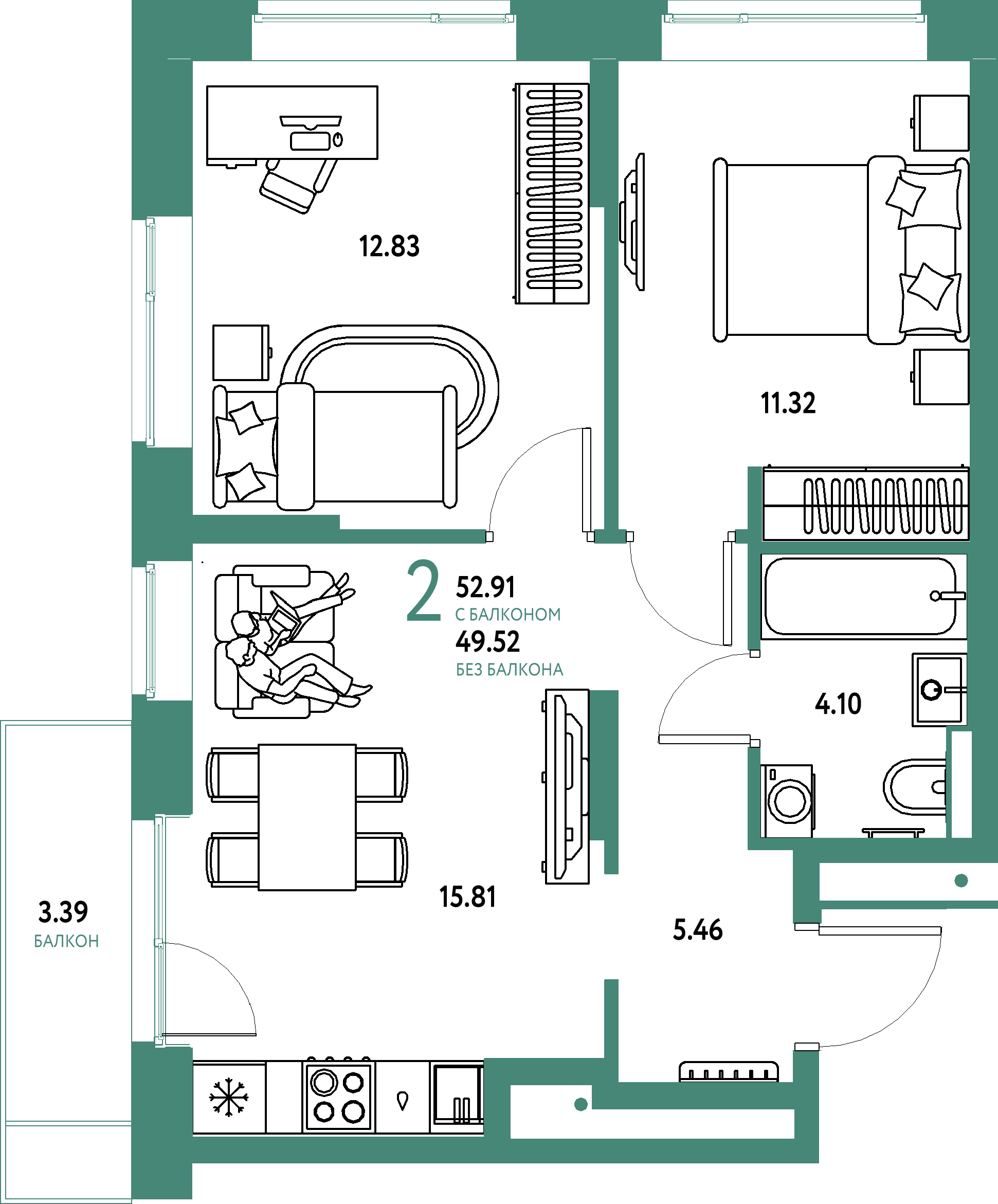 ЖК "Авторский"-2-комнатная 52.91 м²