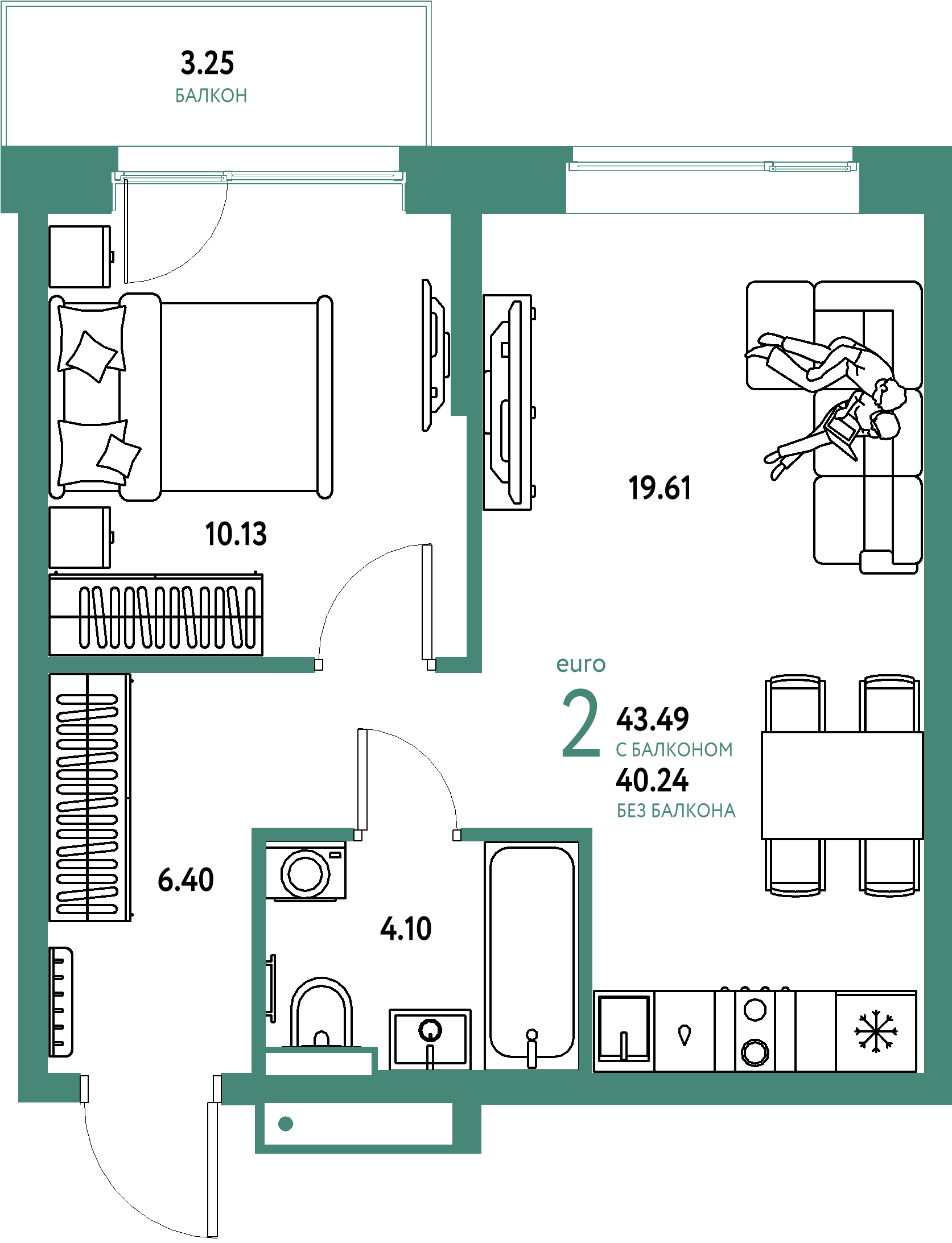 ЖК "Авторский"-2-комнатная 43.49 м²