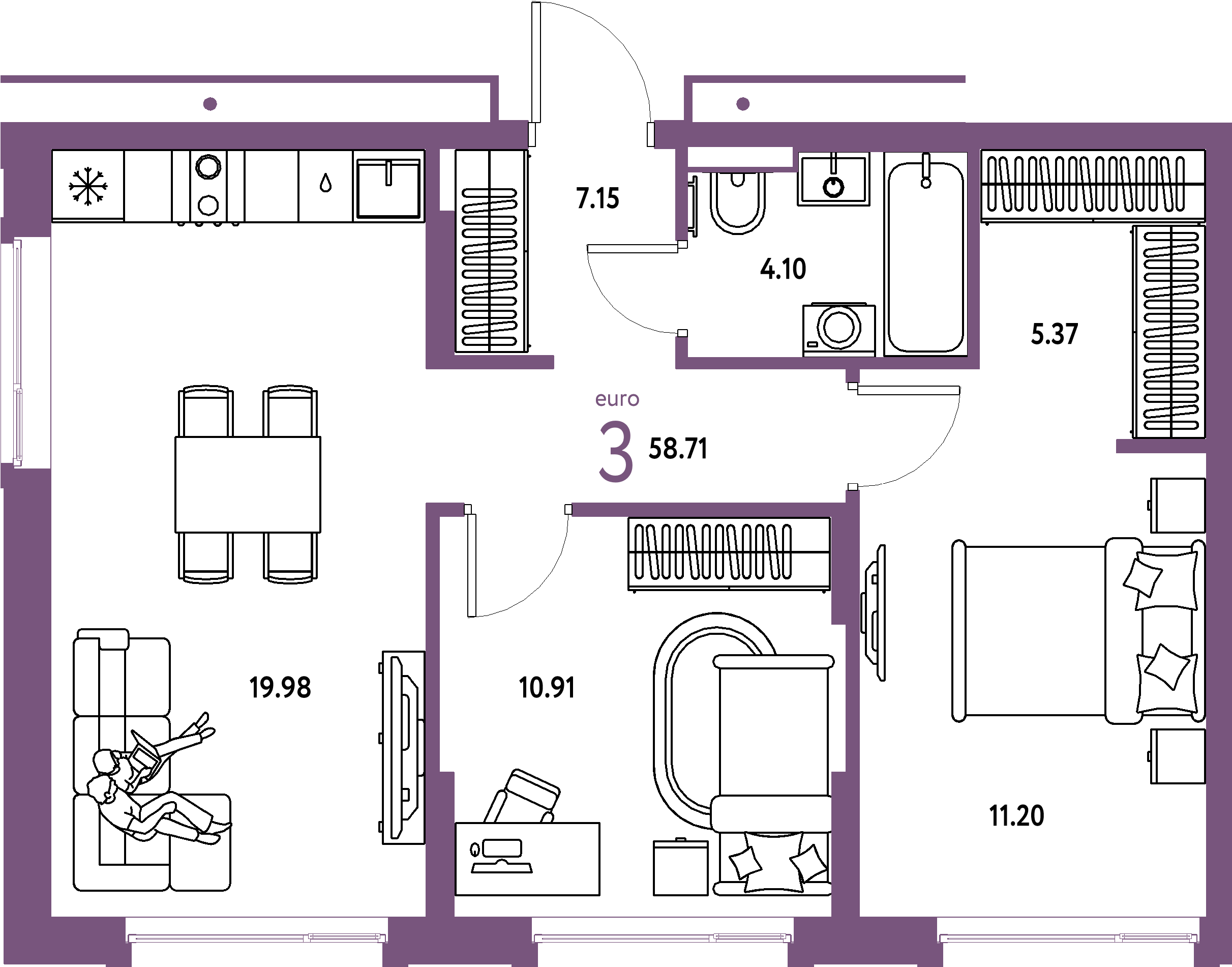 ЖК "Авторский"-3-комнатная 58.71 м²