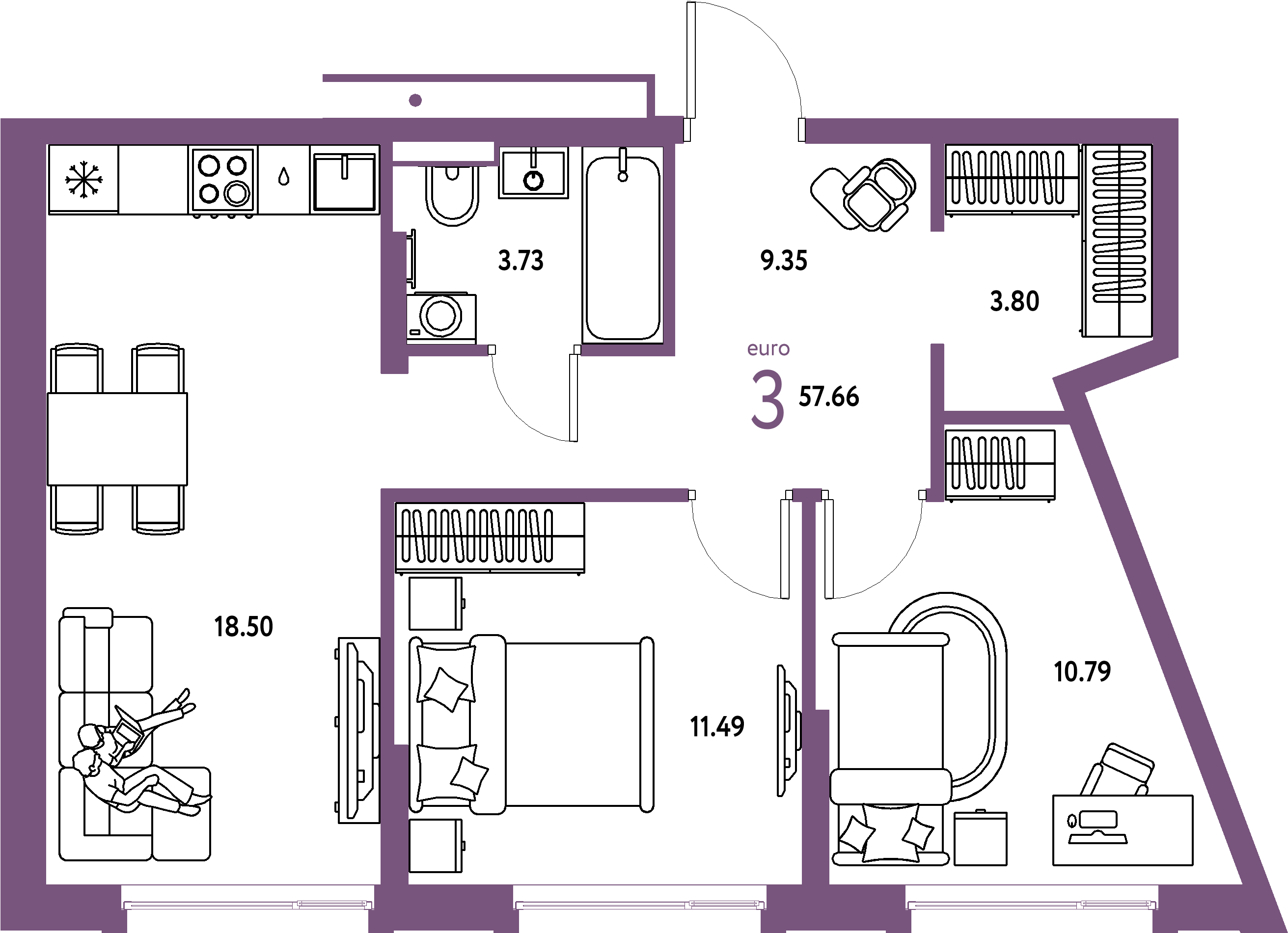 Купить 3-комнатную квартиру 57.66м², этаж №12 кв №96 в ЖК 