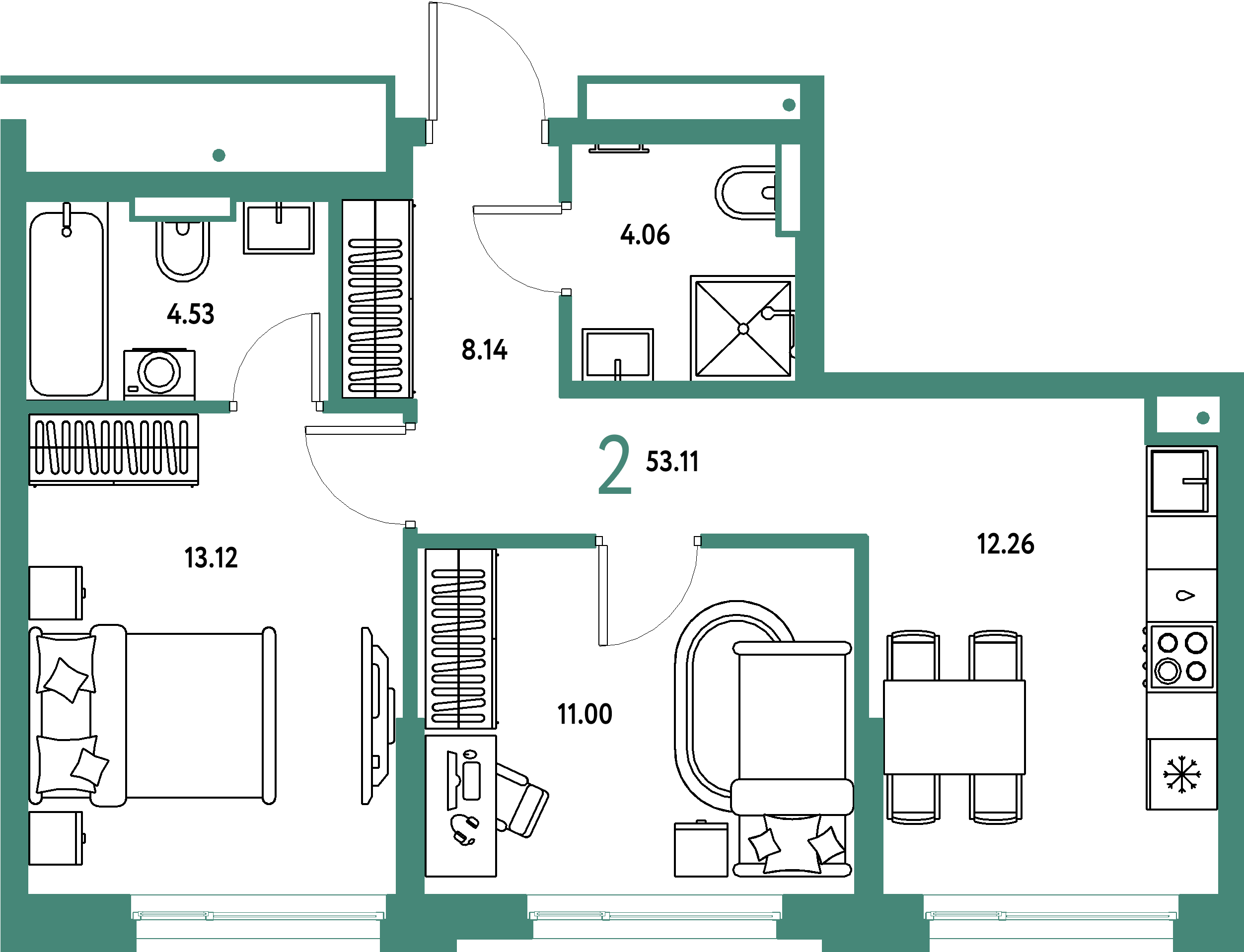 Купить 2-комнатную квартиру 53.11м², этаж №2 кв №112 в ЖК 