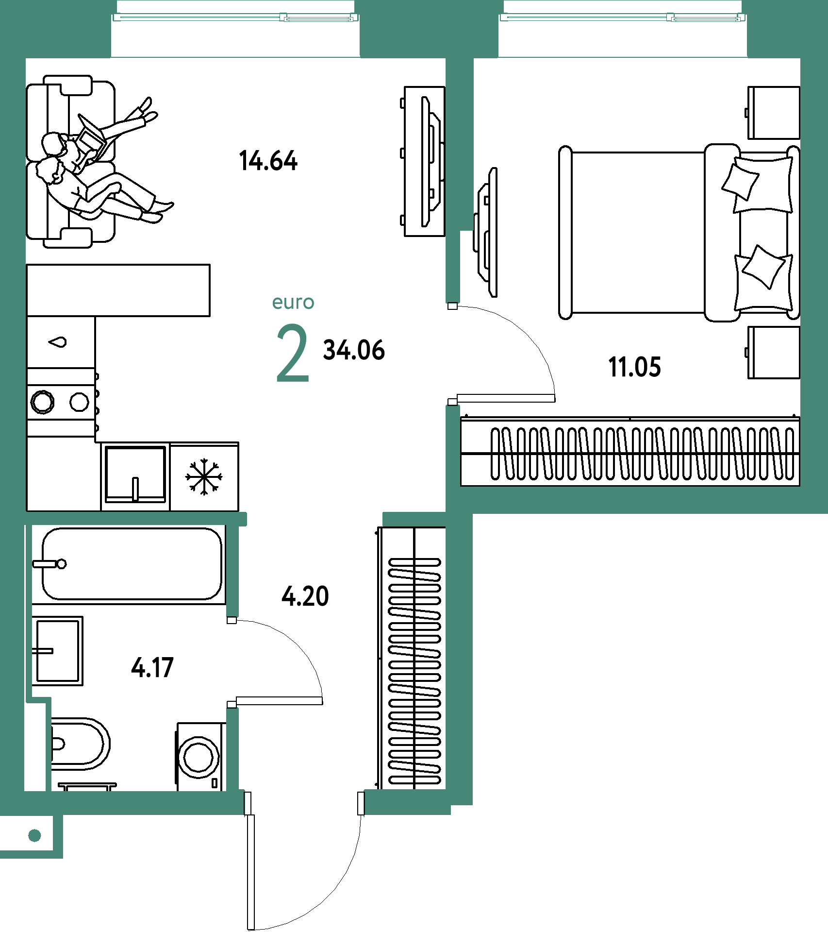 ЖК "Авторский"-2-комнатная 34.06 м²