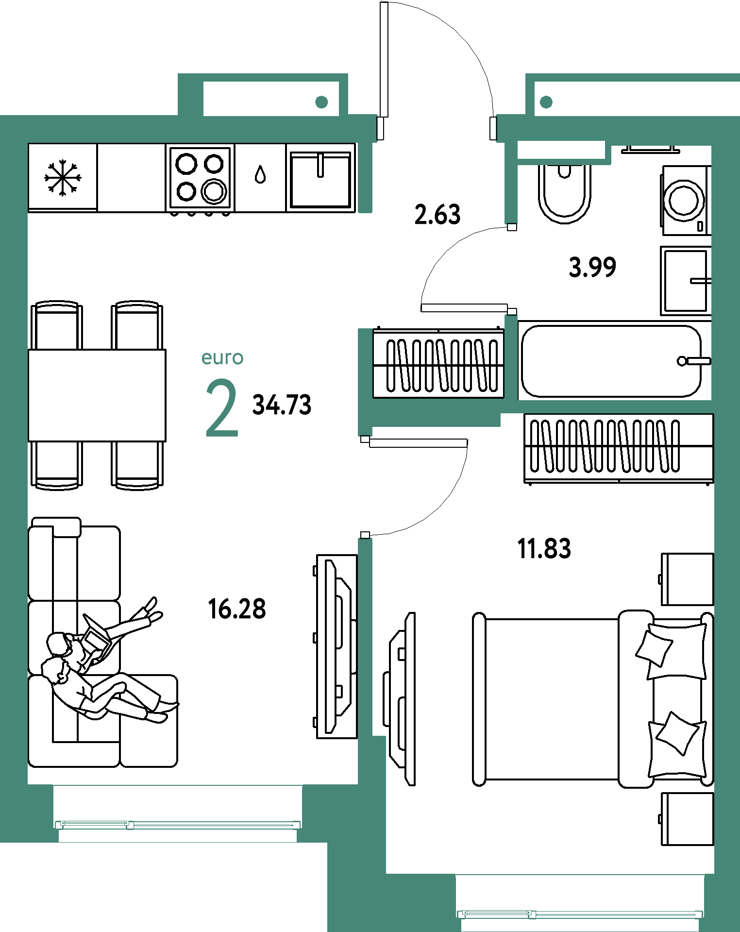 ЖК "Авторский"-2-комнатная 34.73 м²