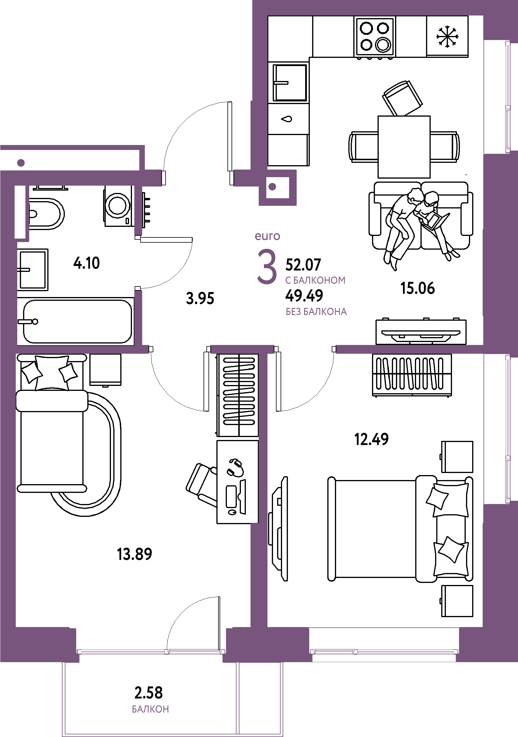 ЖК "Авторский"-3-комнатная 52.07 м²