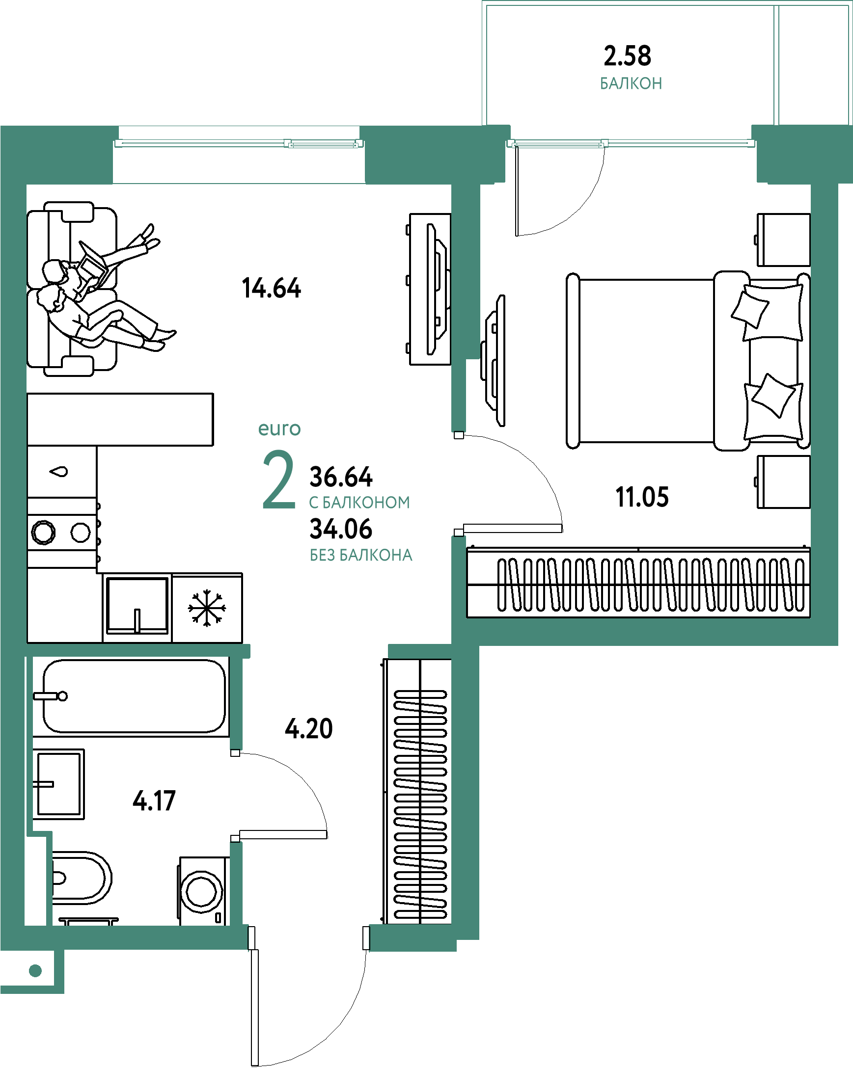 ЖК "Авторский"-2-комнатная 36.64 м²