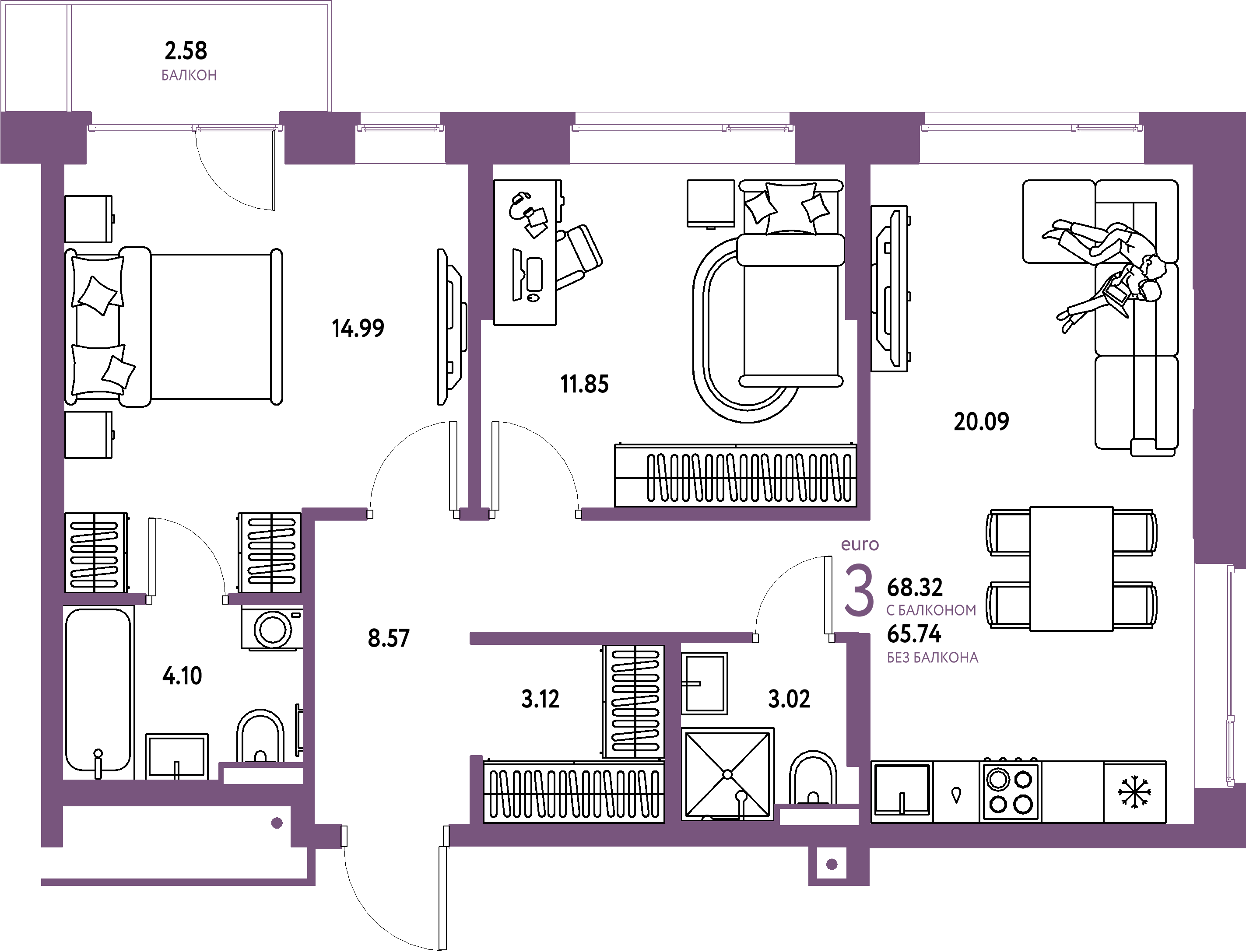 ЖК "Авторский"-3-комнатная 68.32 м²