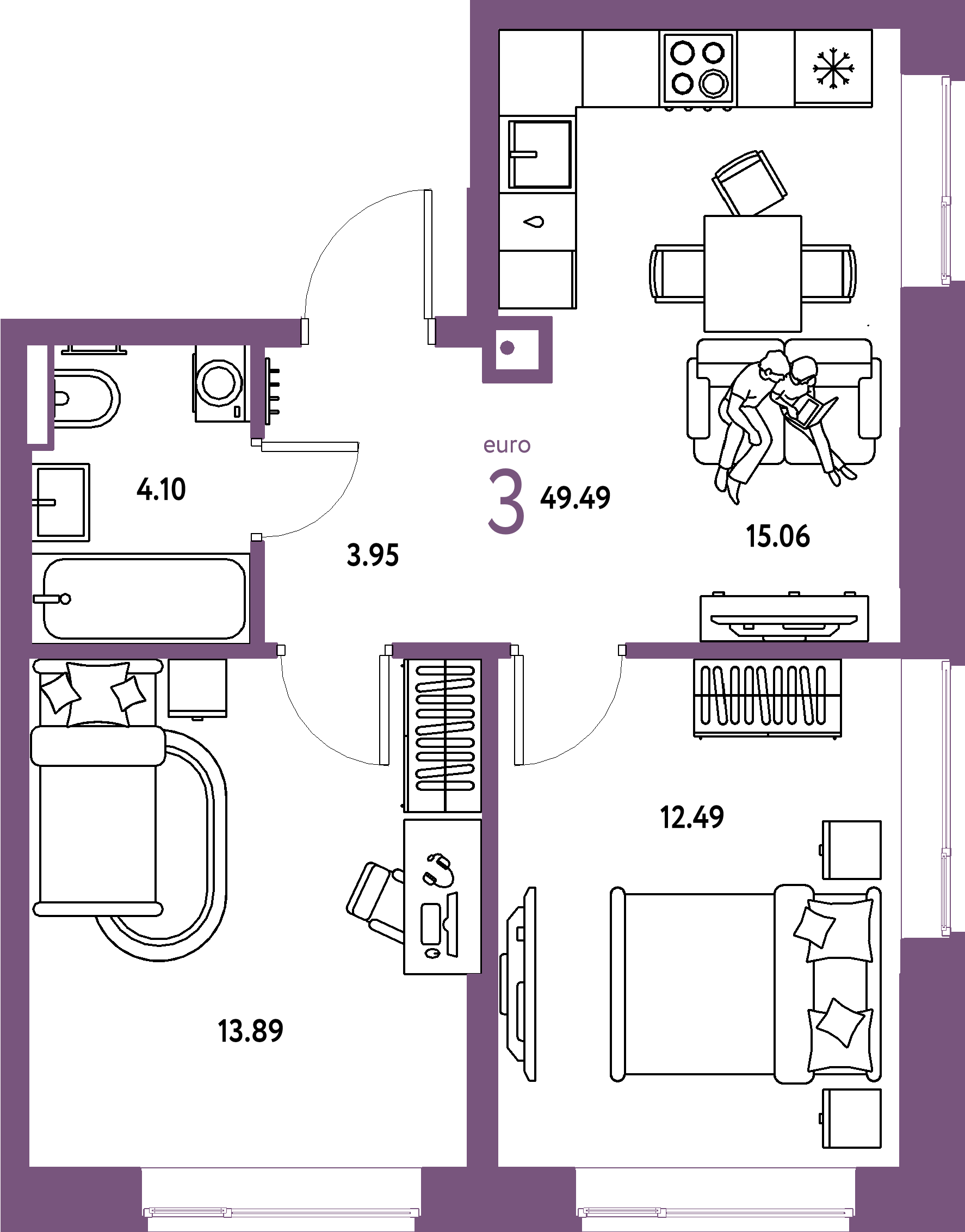 ЖК "Авторский"-3-комнатная 49.49 м²
