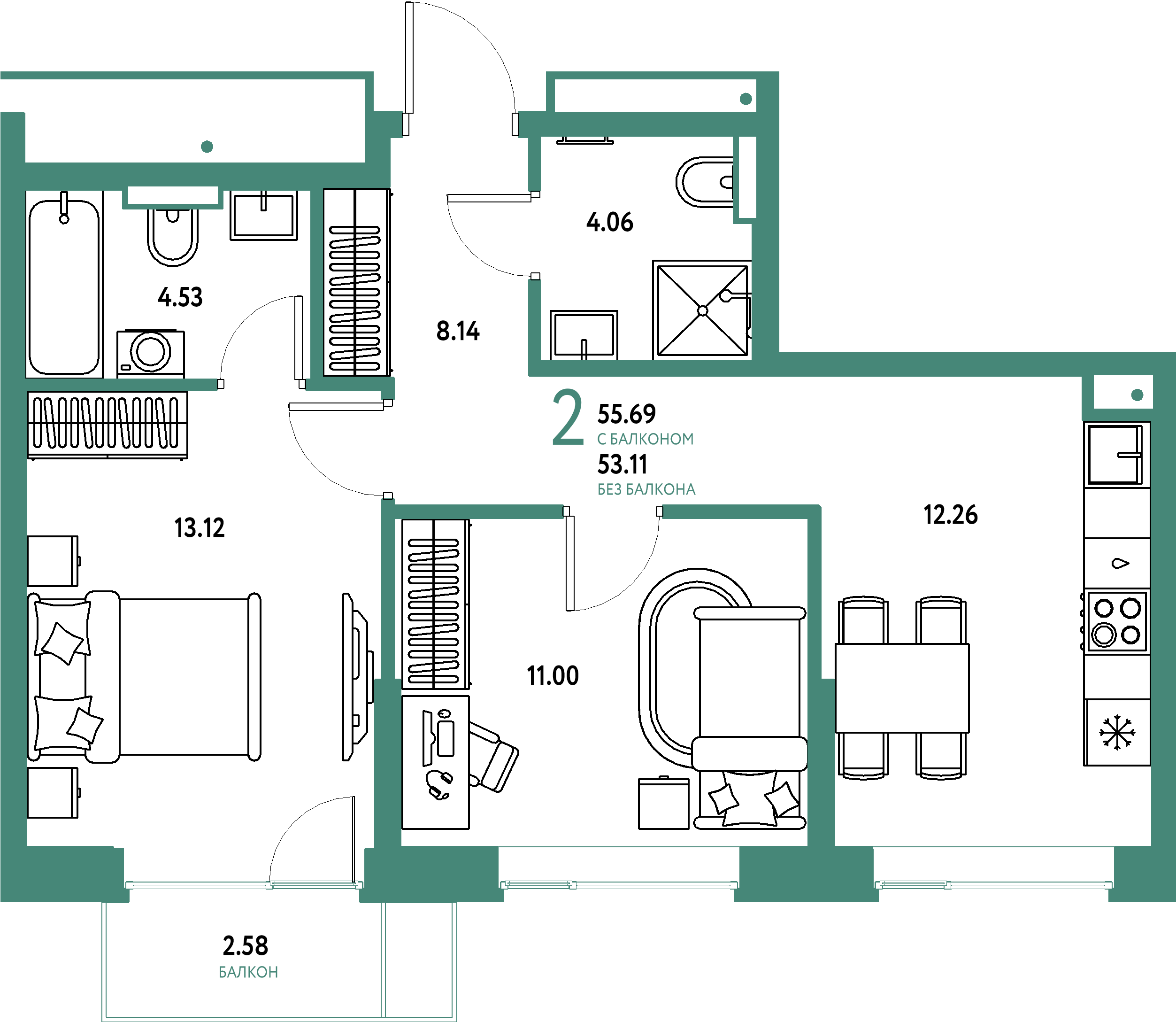 Купить 2-комнатную квартиру 55.69м², этаж №8 кв №172 в ЖК 