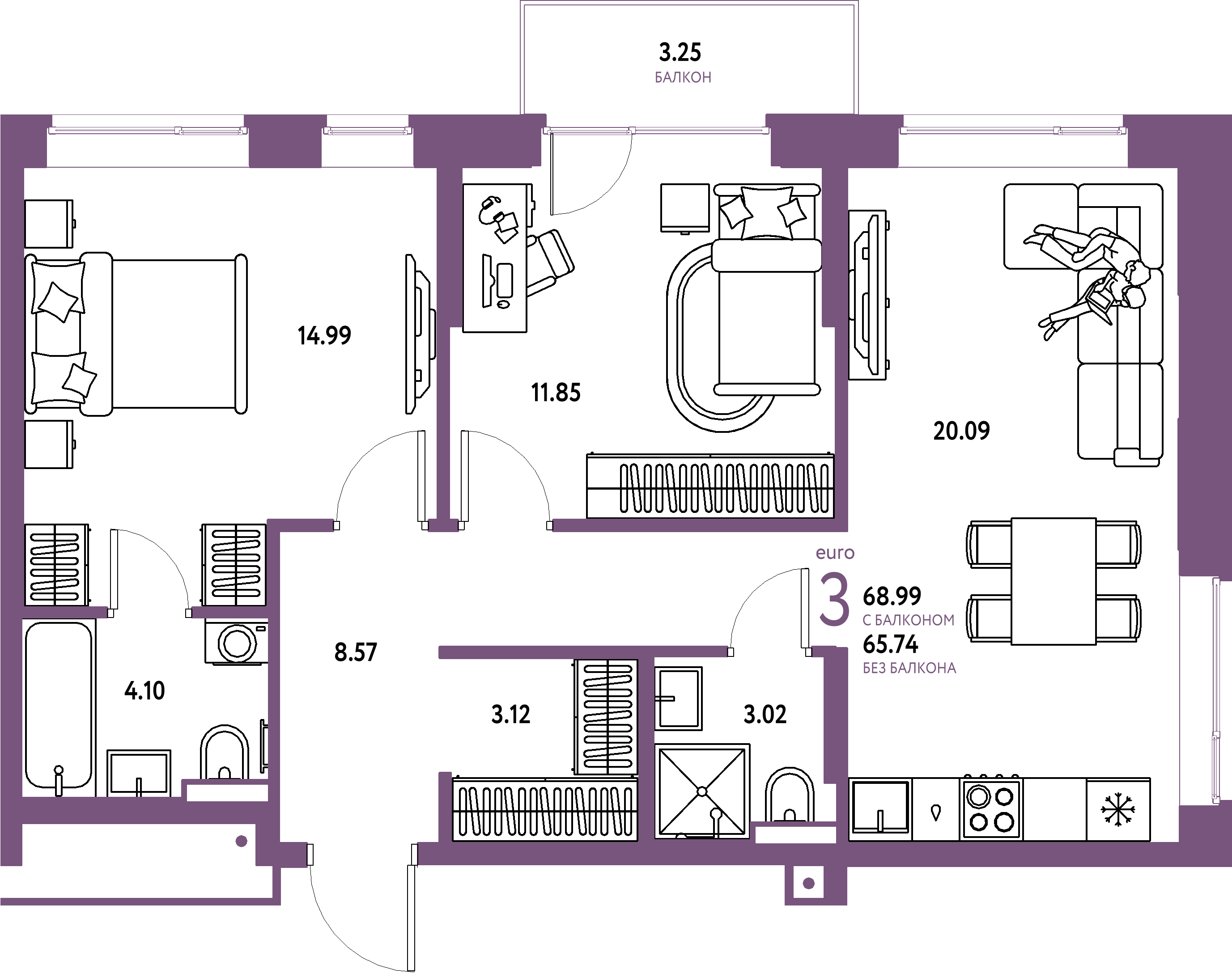 ЖК "Авторский"-3-комнатная 68.99 м²