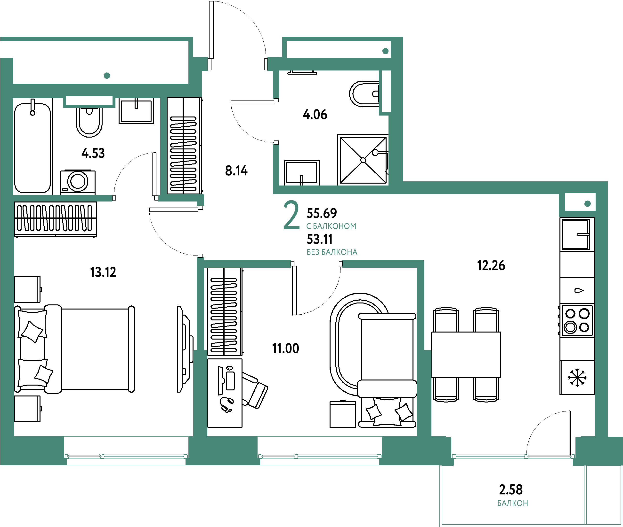 ЖК "Авторский"-2-комнатная 55.69 м²