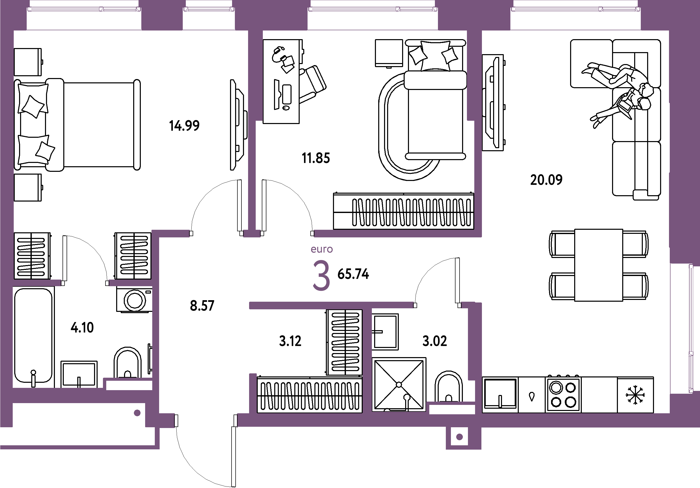 ЖК "Авторский"-3-комнатная 65.74 м²