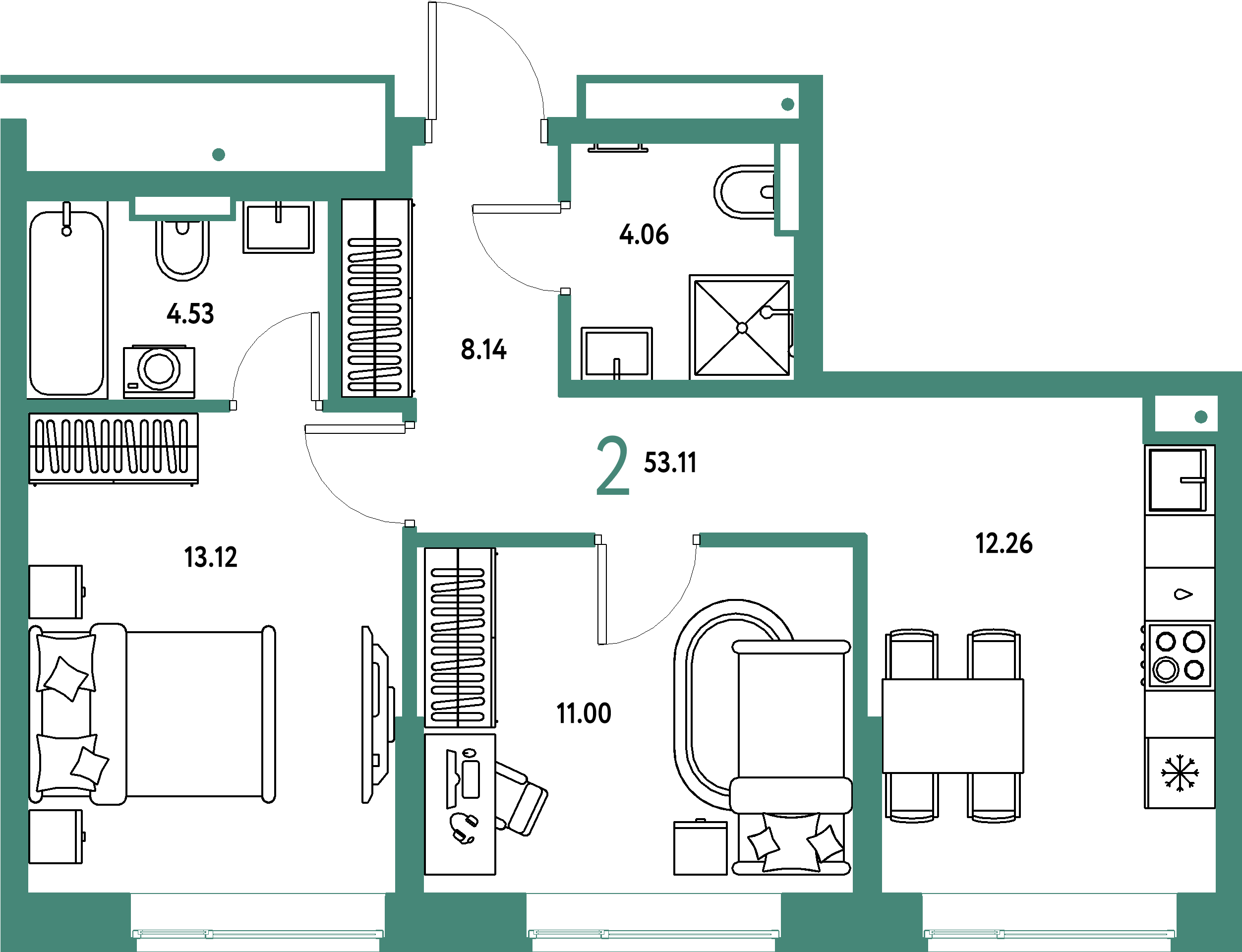 ЖК "Авторский"-2-комнатная 53.11 м²
