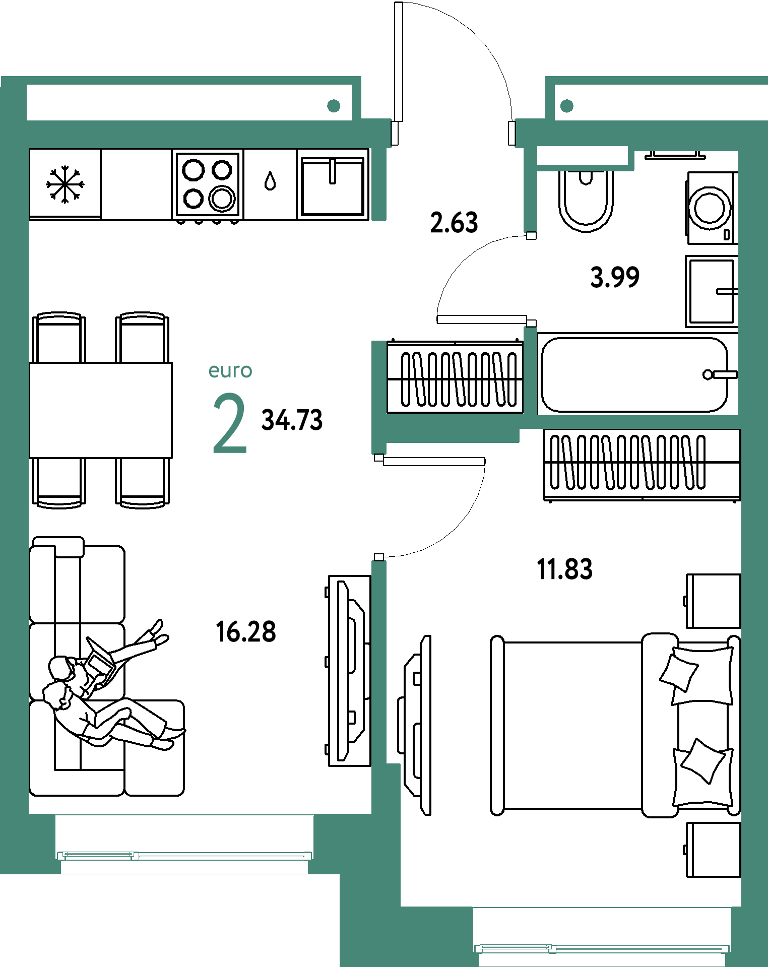 Купить 2-комнатную квартиру 34.73м², этаж №11 кв №203 в ЖК 