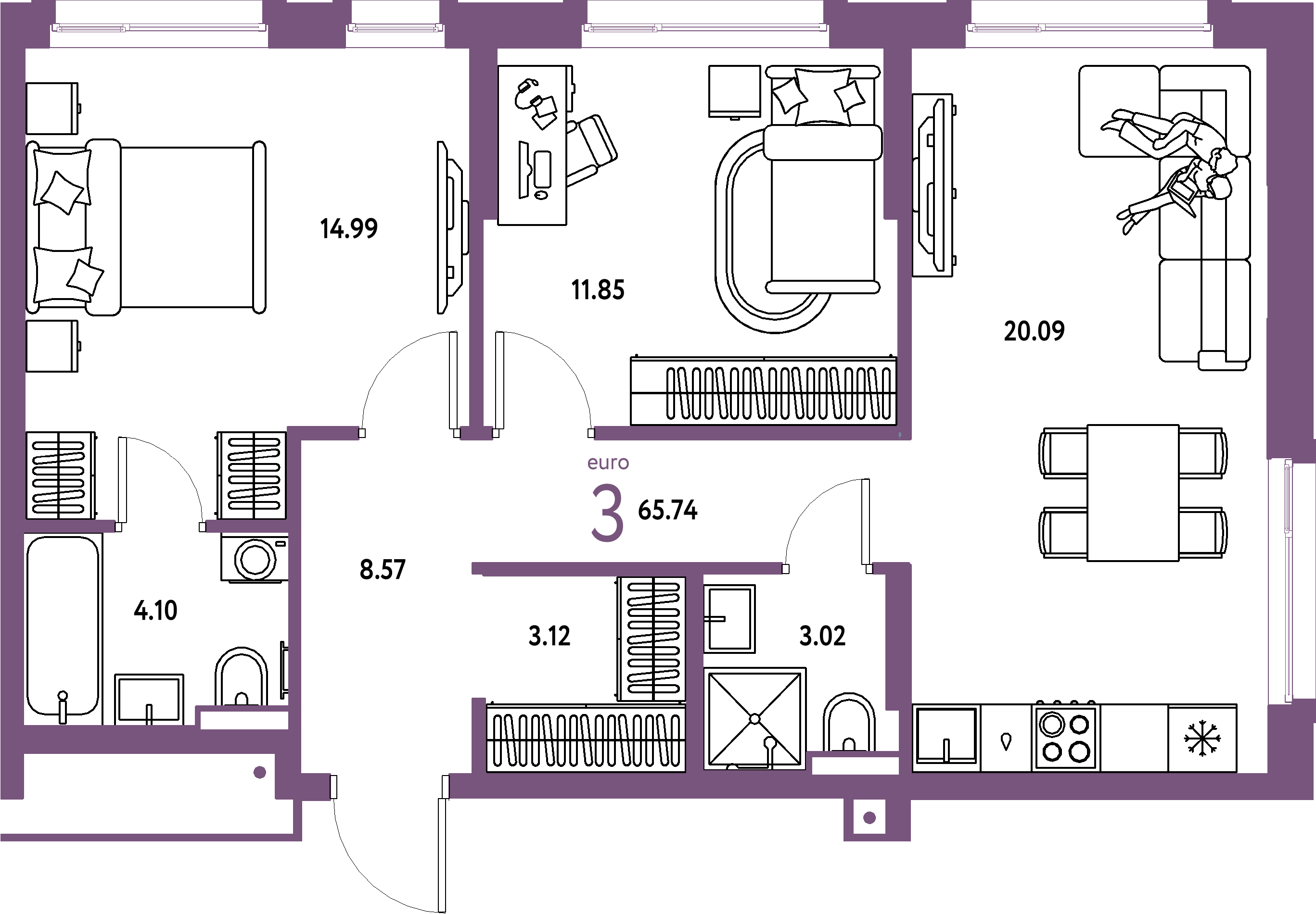 ЖК "Авторский"-3-комнатная 65.74 м²