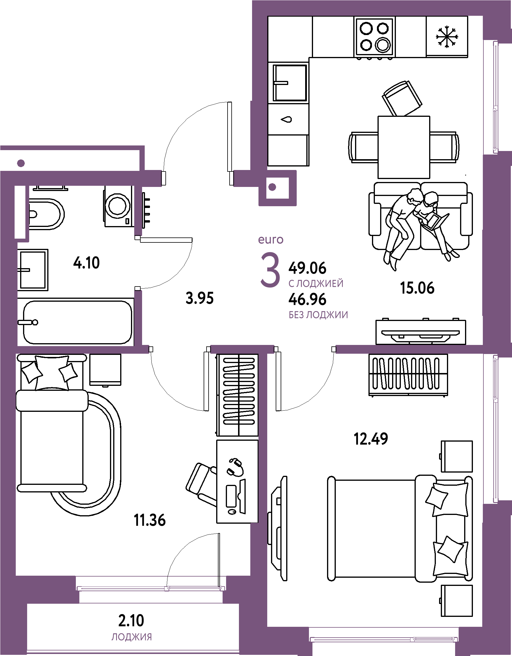 ЖК "Авторский"-3-комнатная 49.06 м²