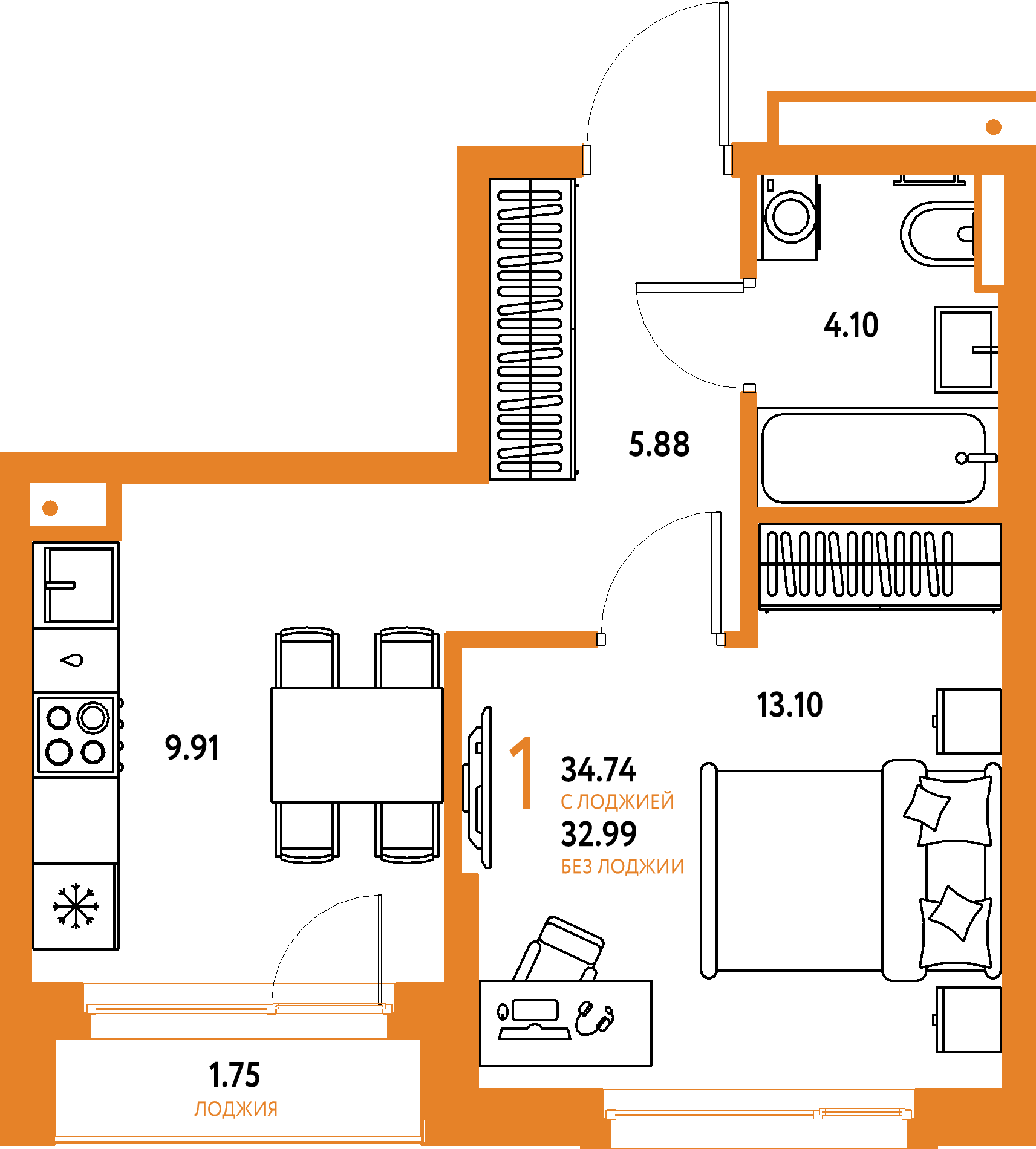ЖК "Авторский"-1-комнатная 34.74 м²