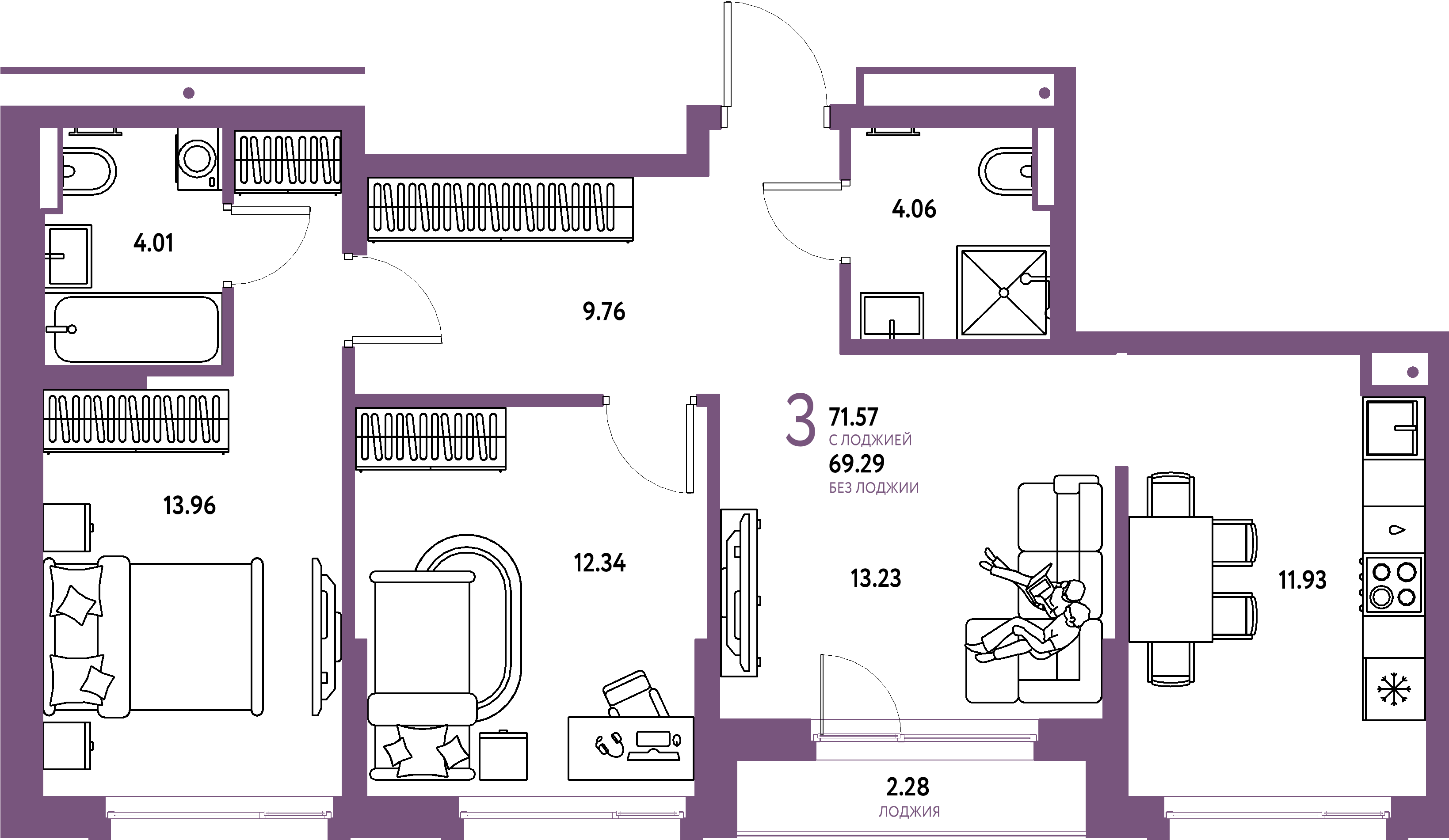 ЖК "Авторский"-3-комнатная 71.57 м²