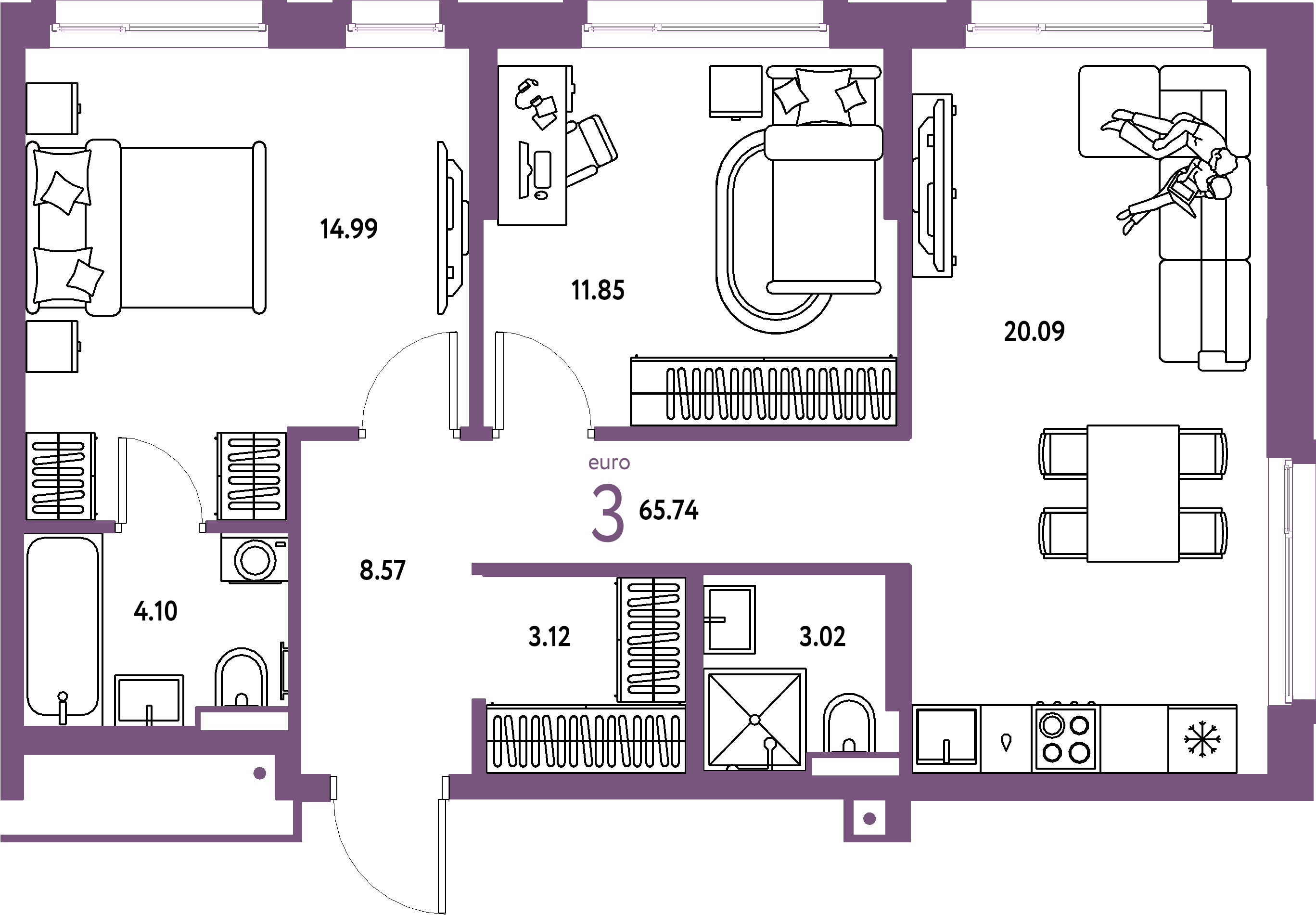 ЖК "Авторский"-3-комнатная 65.74 м²