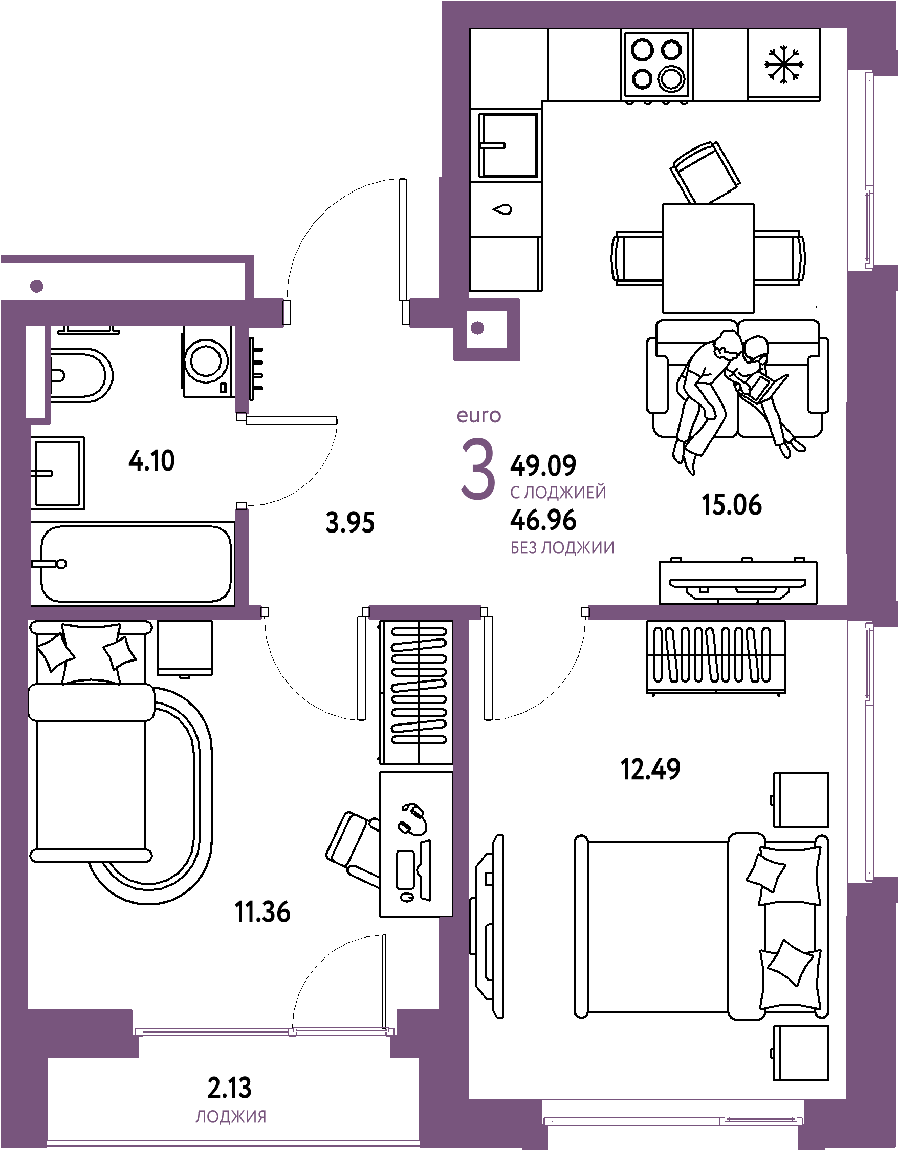 Купить 3-комнатную квартиру 49.09м², этаж №14 кв №223 в ЖК 