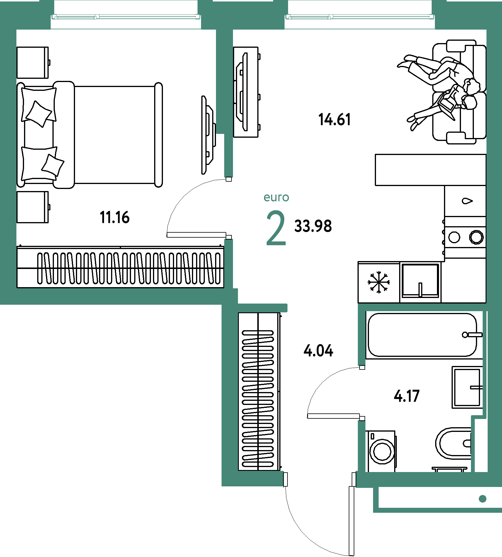 Купить 2-комнатную квартиру 33.98м², этаж №15 кв №228 в ЖК 