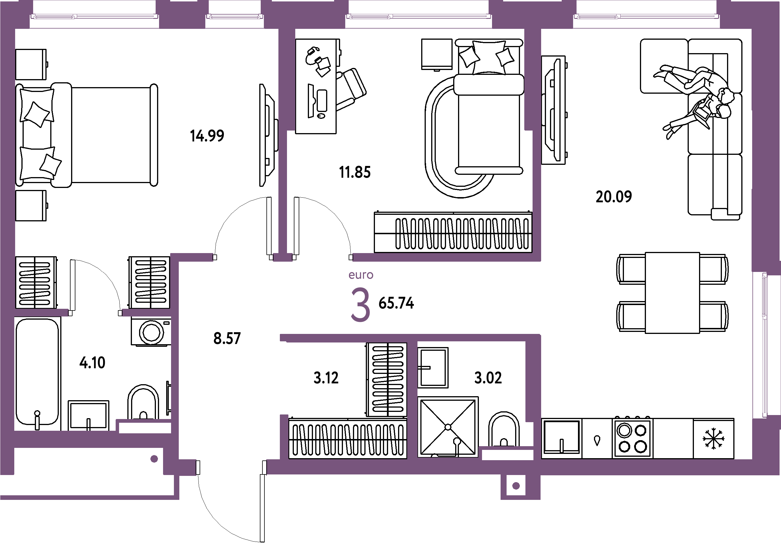 ЖК "Авторский"-3-комнатная 65.74 м²