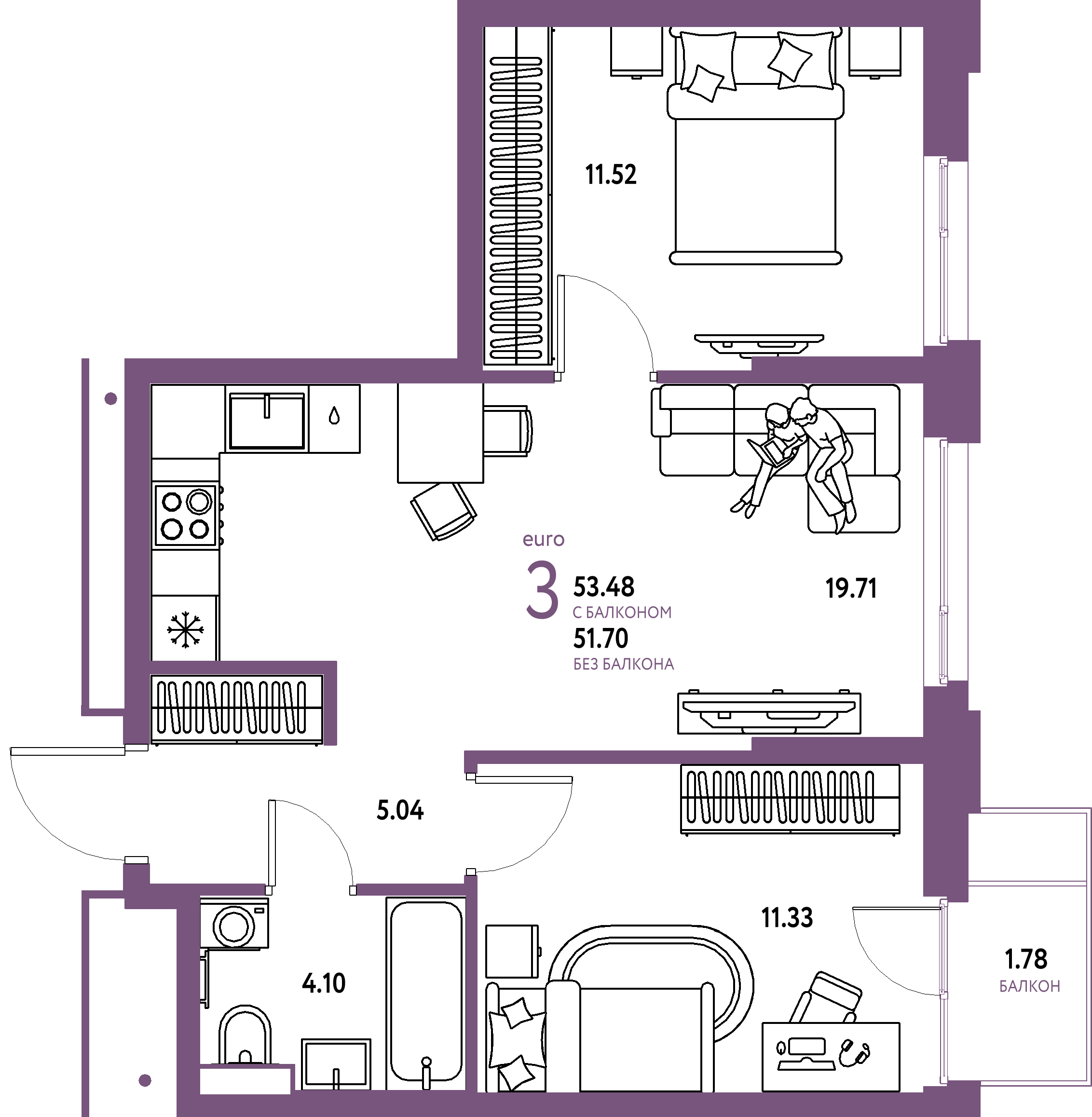 Купить 3-комнатную квартиру 53.48м², этаж №4 кв №266 в ЖК 