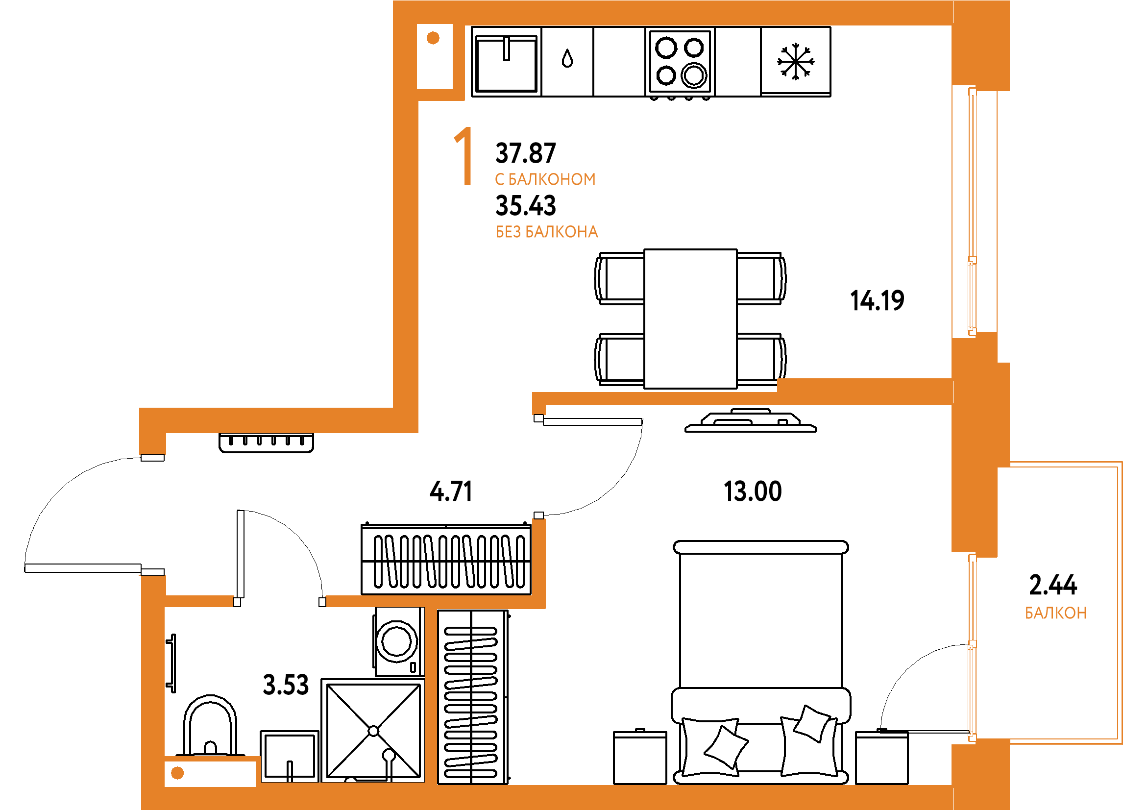 ЖК "Авторский"-1-комнатная 37.87 м²