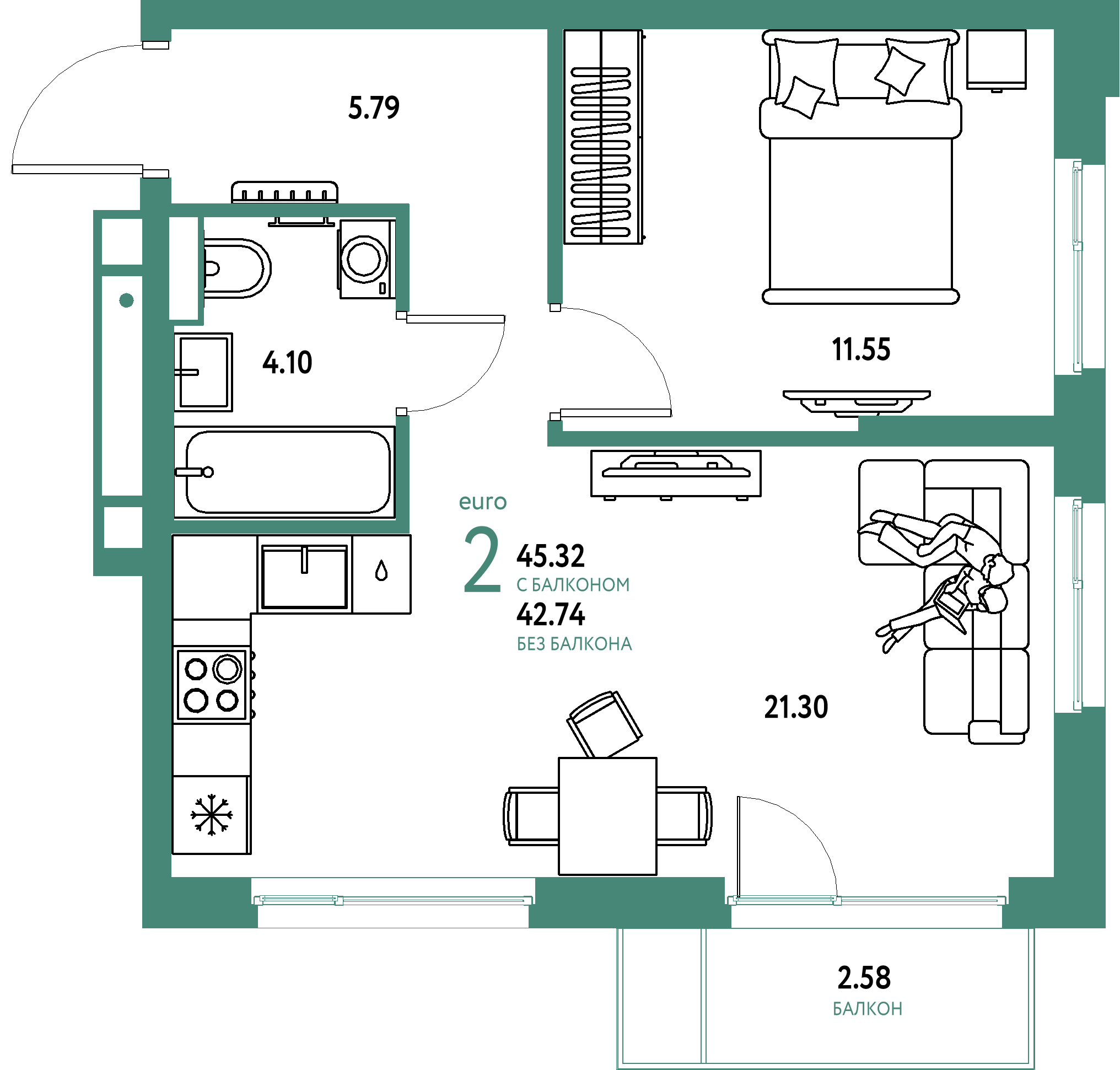 ЖК "Авторский"-2-комнатная 45.32 м²