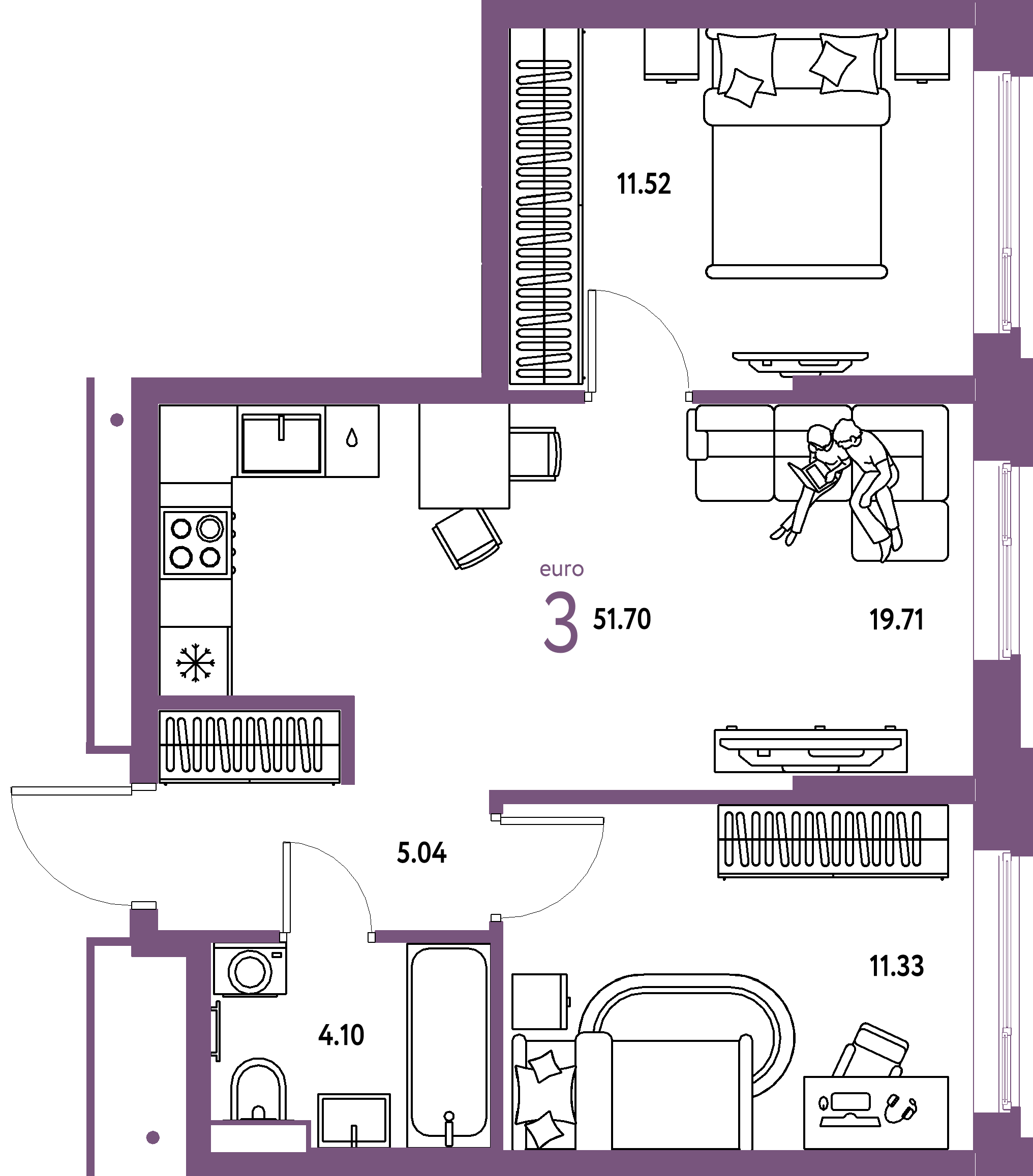 Купить 3-комнатную квартиру 51.7м², этаж №7 кв №305 в ЖК 