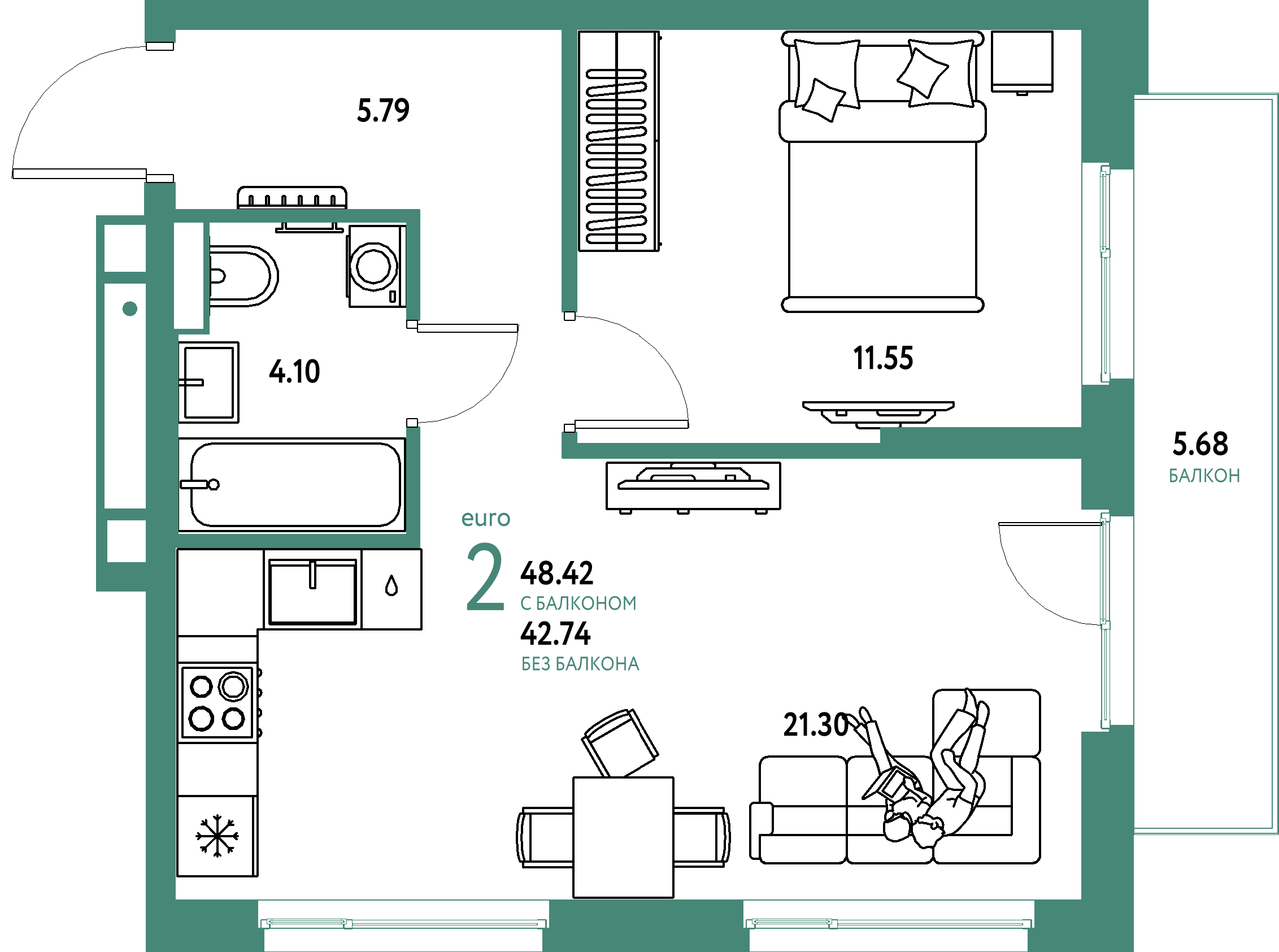 ЖК "Авторский"-2-комнатная 48.42 м²