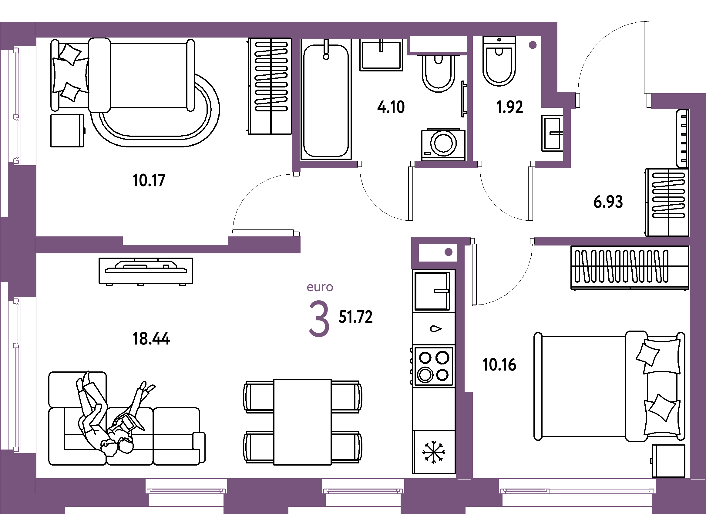 ЖК "Авторский"-3-комнатная 51.72 м²