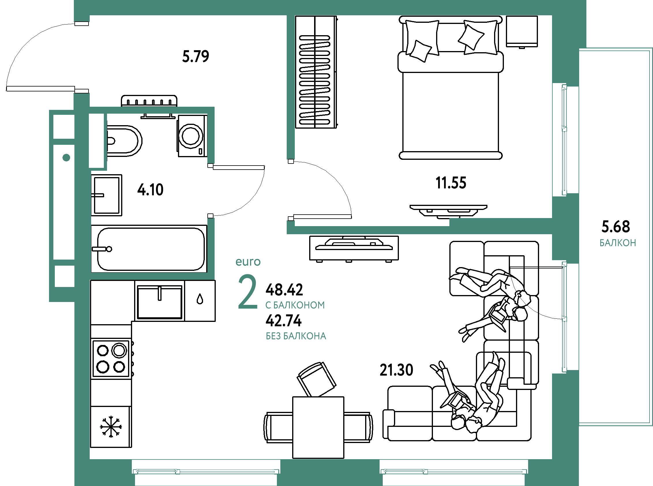 ЖК "Авторский"-2-комнатная 48.42 м²