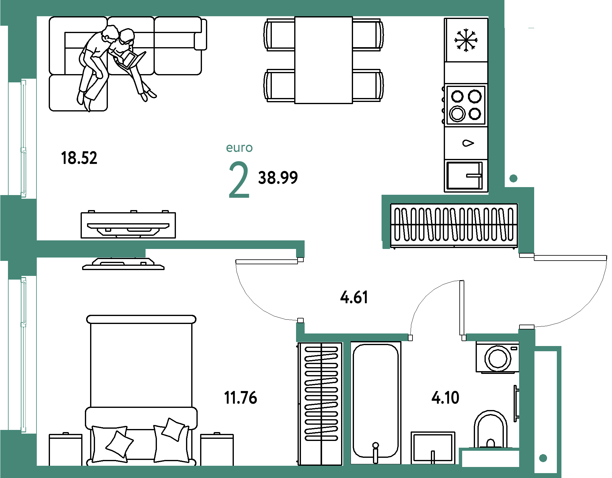 ЖК "Авторский"-2-комнатная 38.99 м²