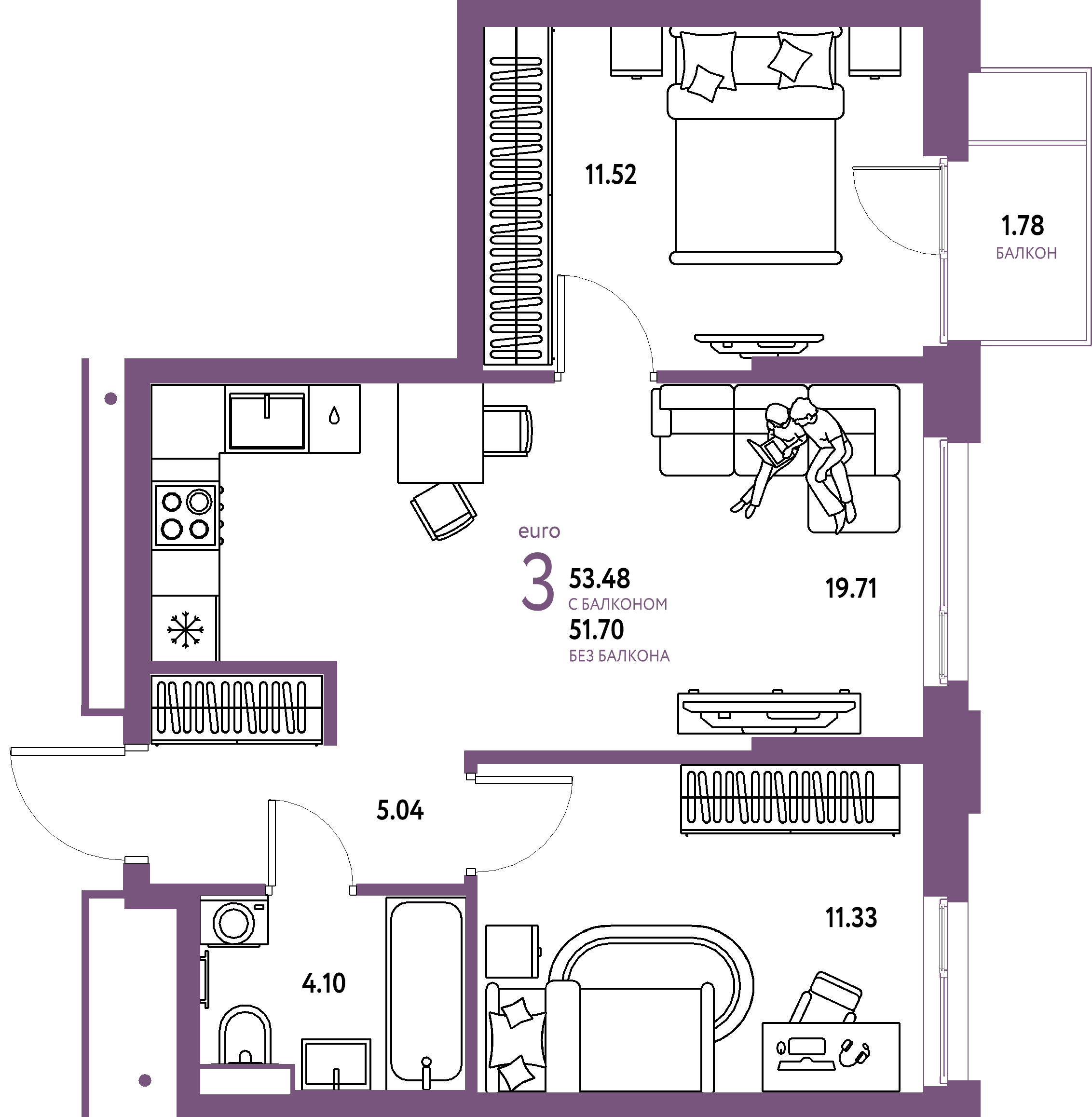 ЖК "Авторский"-3-комнатная 53.48 м²