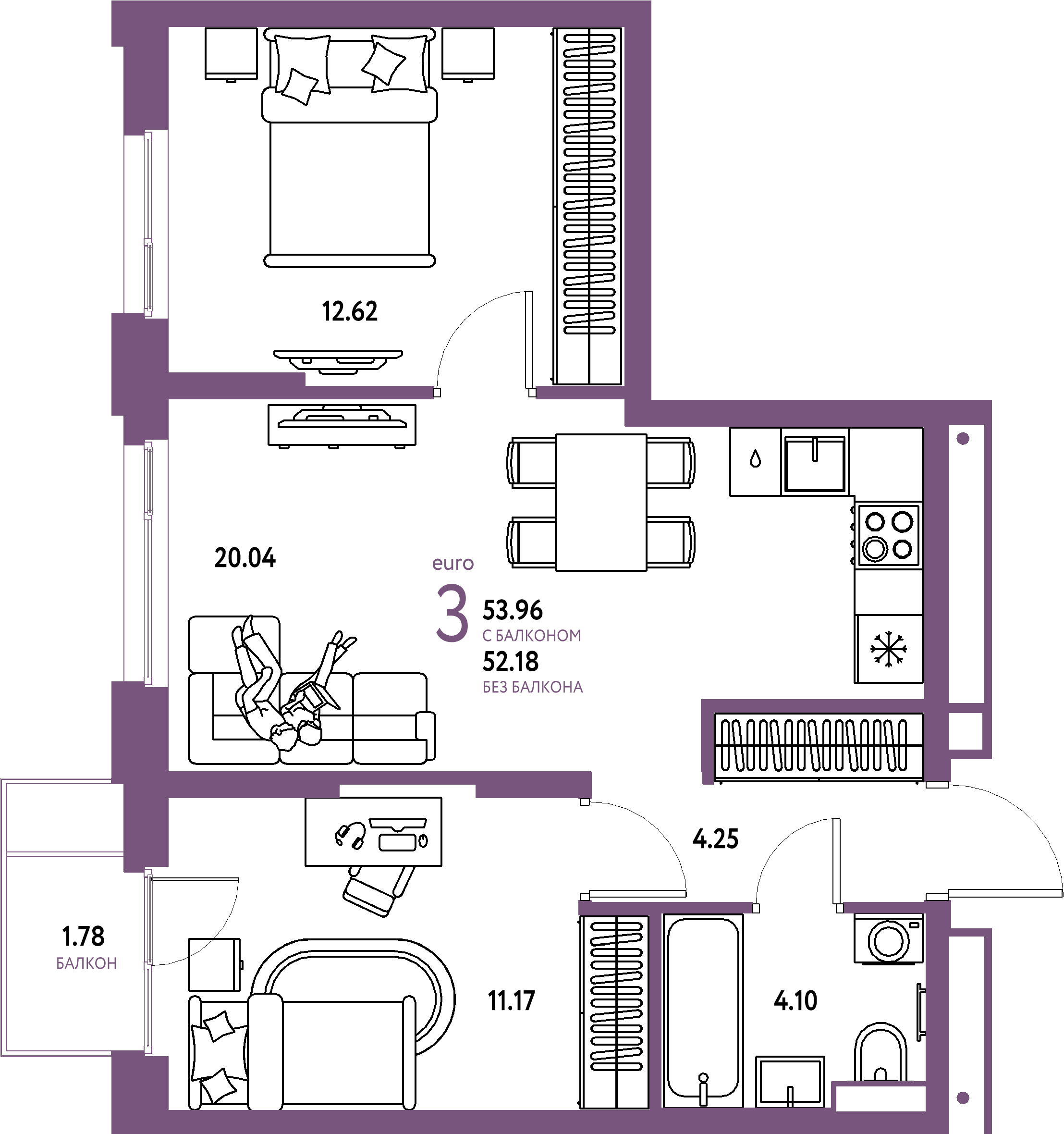 ЖК "Авторский"-3-комнатная 53.96 м²