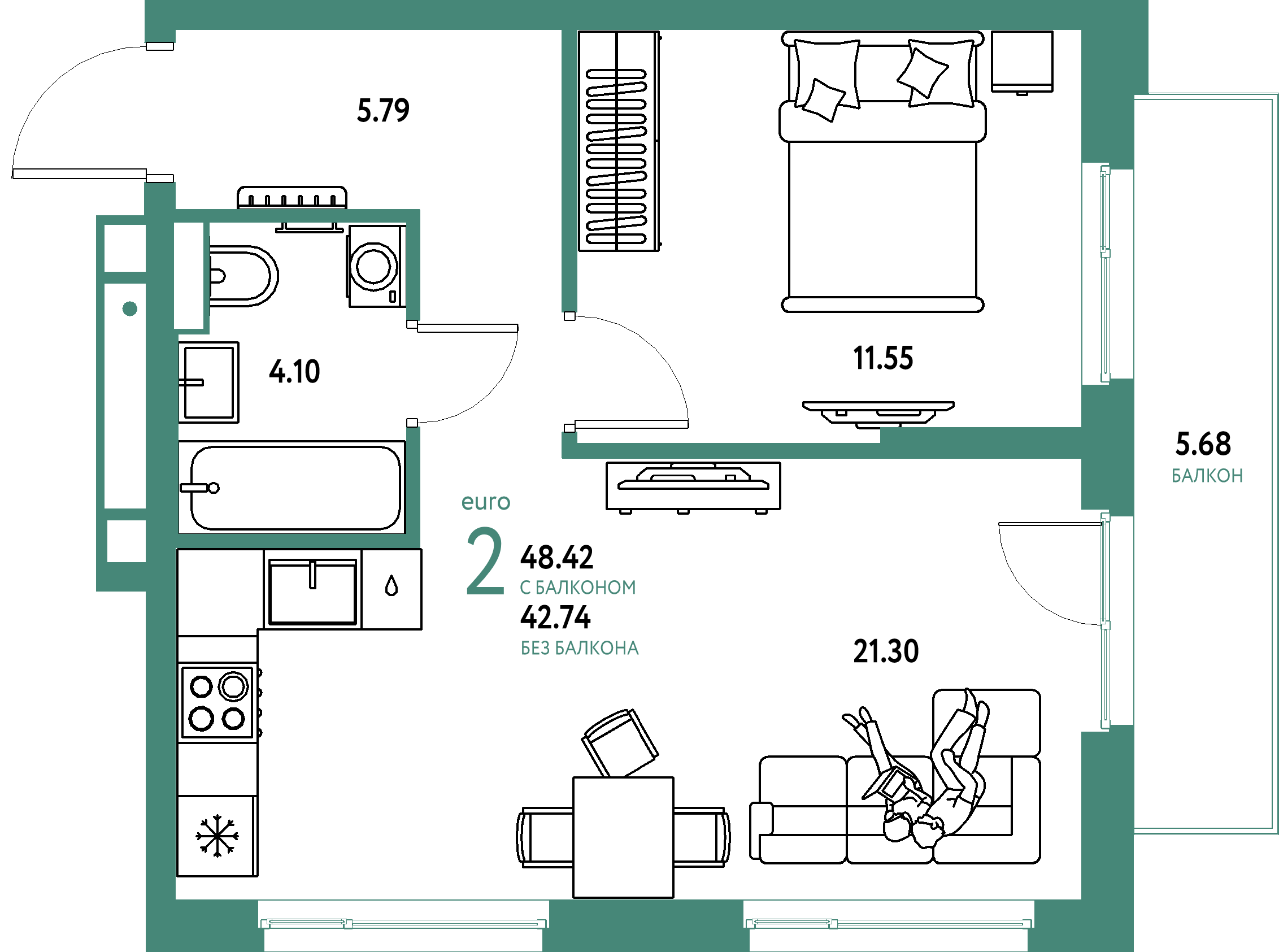 ЖК "Авторский"-2-комнатная 48.42 м²
