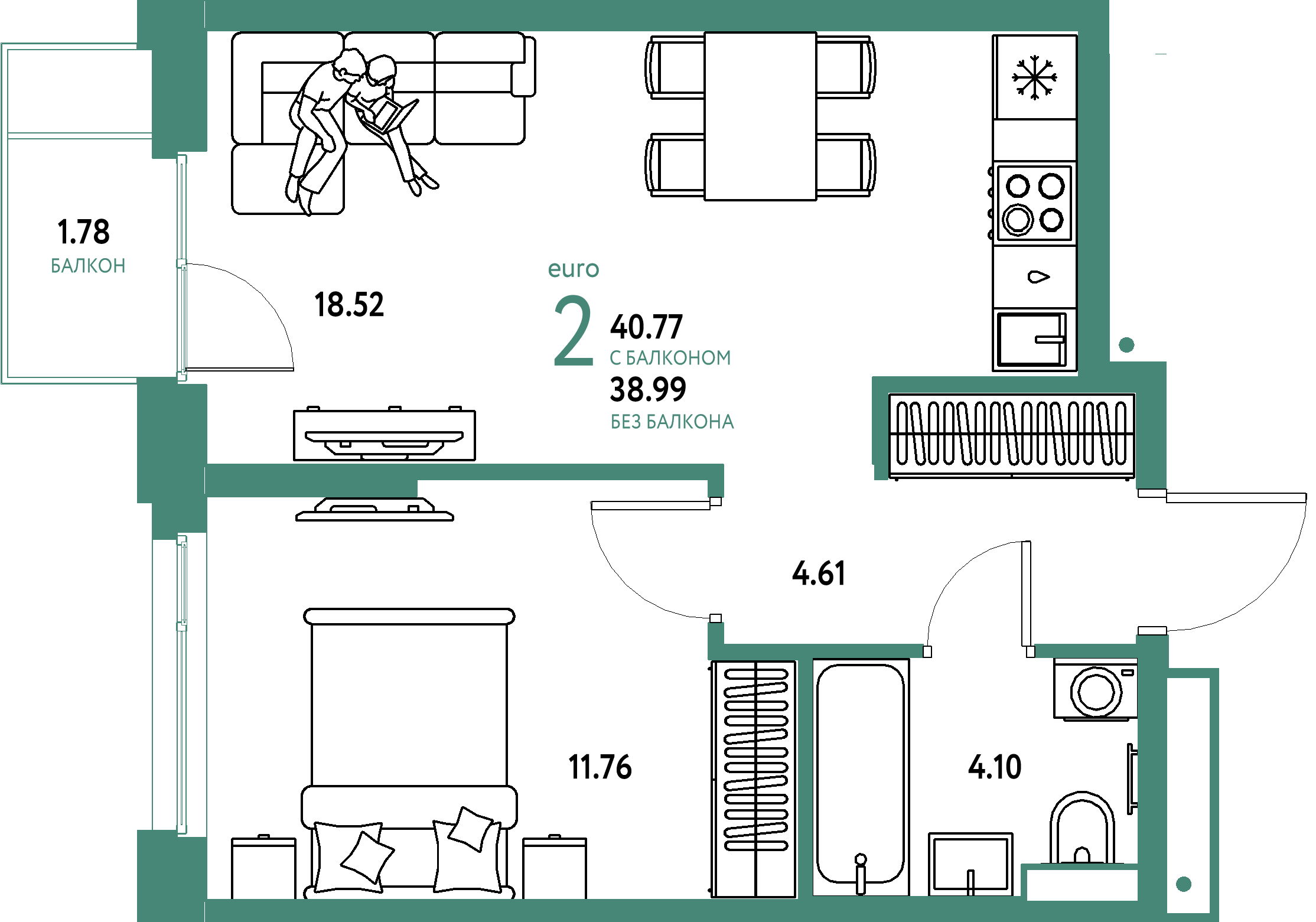 ЖК "Авторский"-2-комнатная 40.77 м²