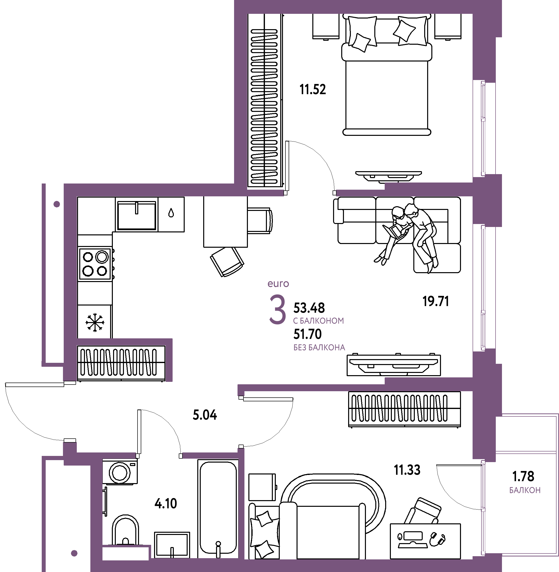 Купить 3-комнатную квартиру 53.48м², этаж №12 кв №370 в ЖК 