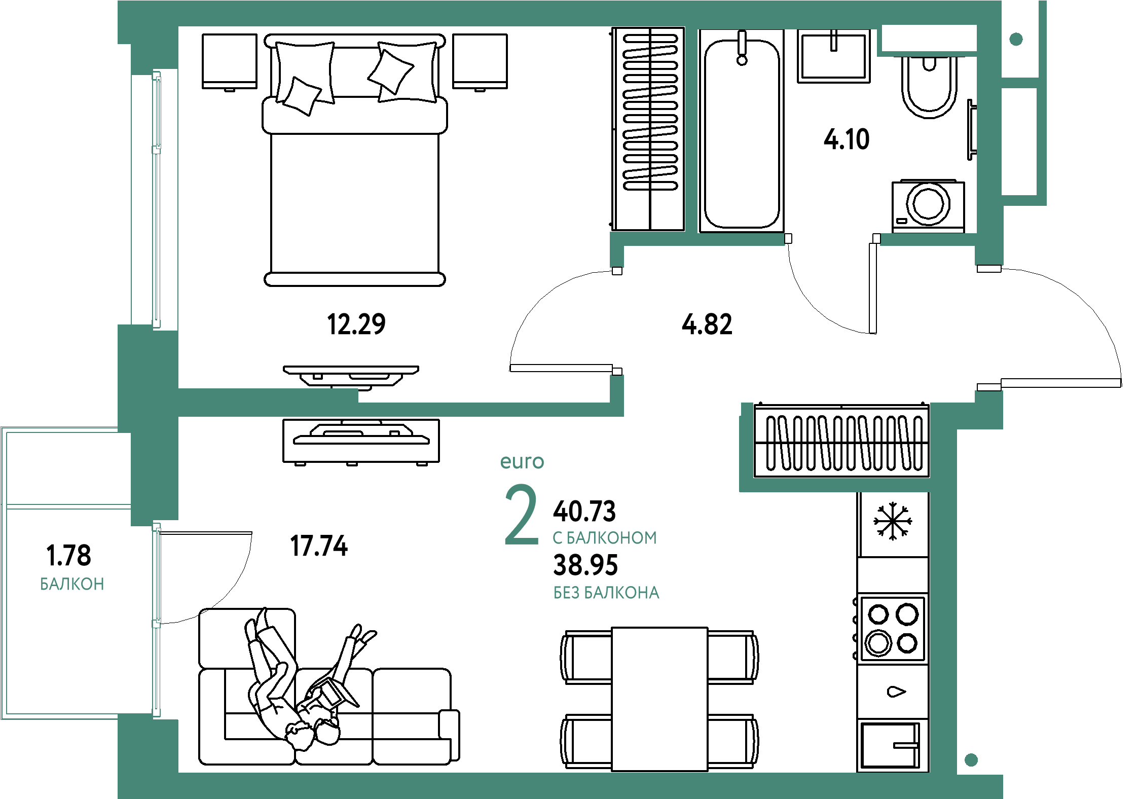 Купить 2-комнатную квартиру 40.73м², этаж №12 кв №376 в ЖК 