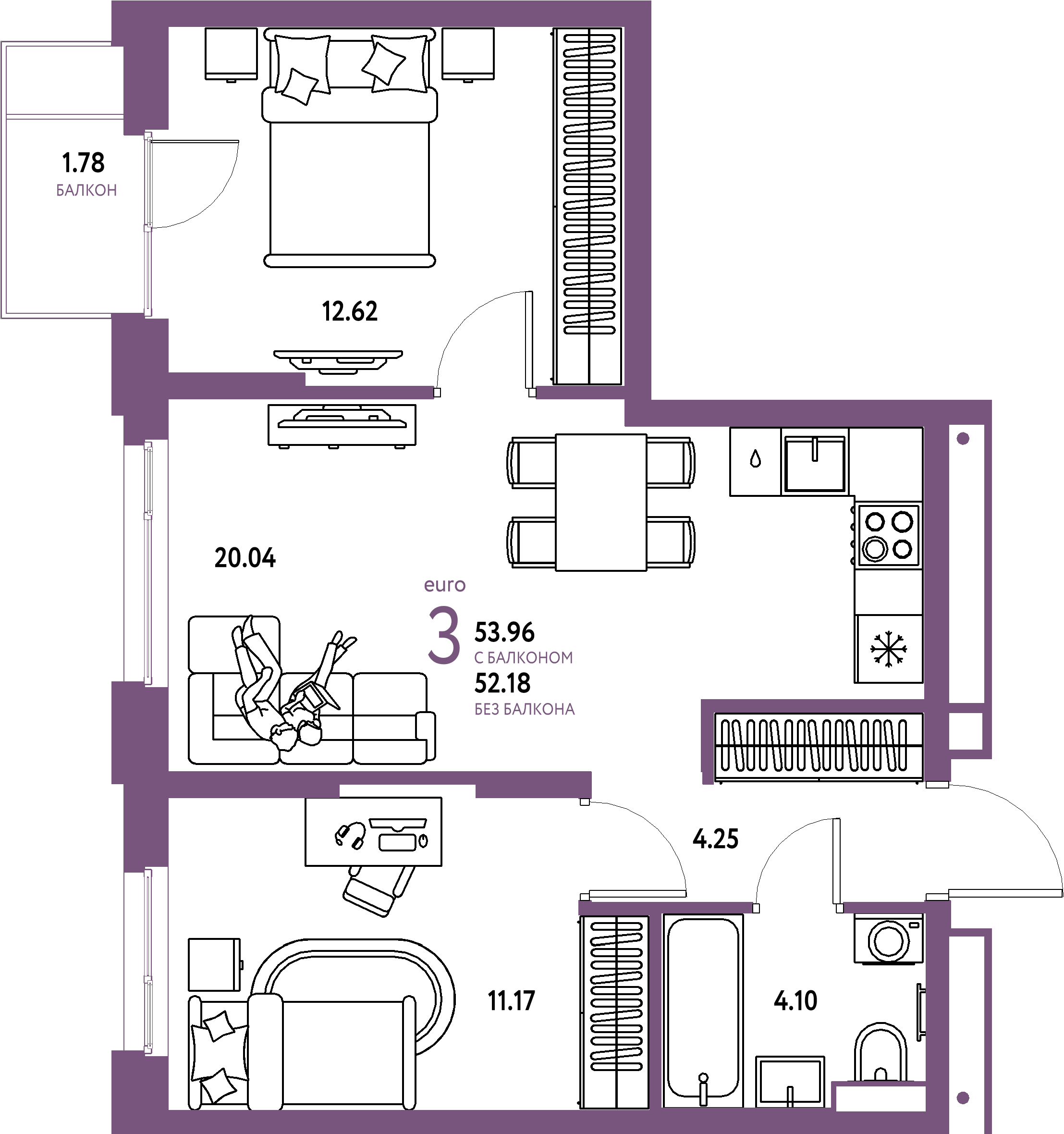 ЖК "Авторский"-3-комнатная 53.96 м²